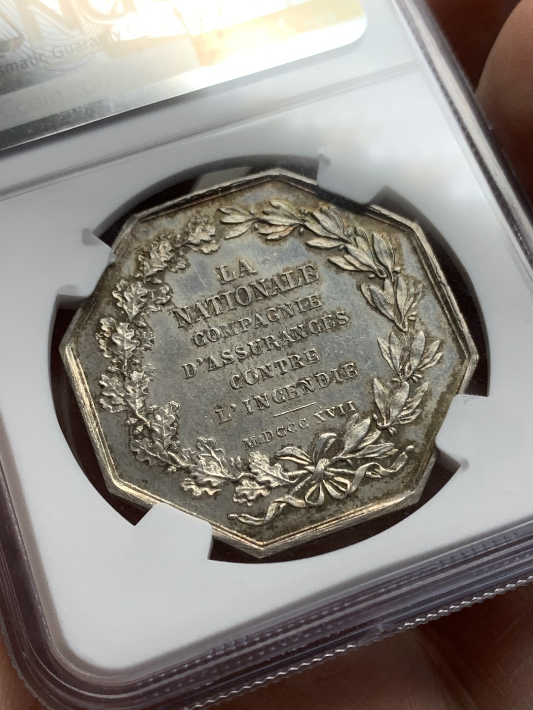 《竞宝斋》第157场-法国八角与章 专场！周日，周一，周四 3场 (全场包邮) NGC-MS64 法国八角银质代币 皇家火灾保险公司，细节丰富，原味包浆，顶级品相，块头很大