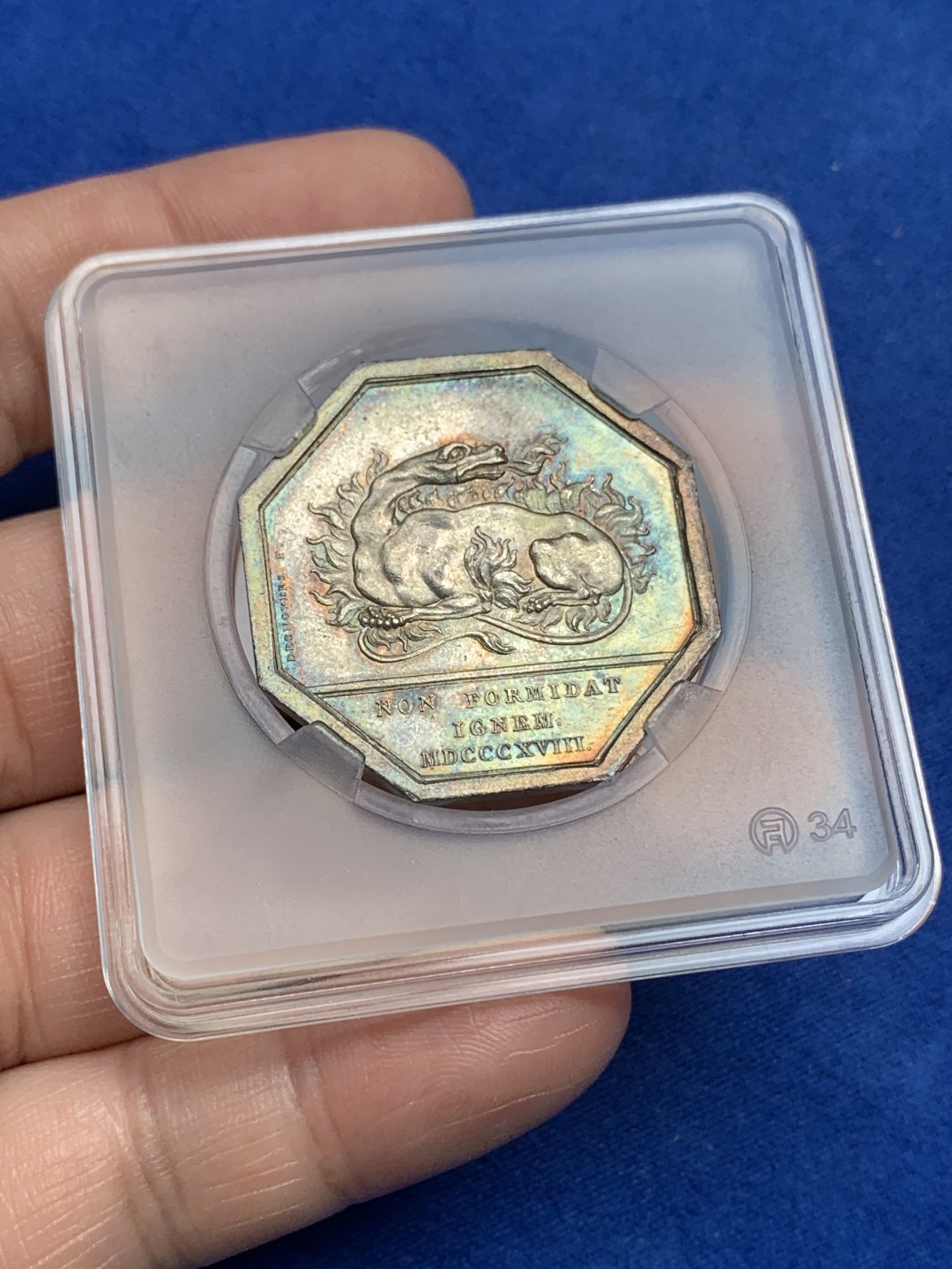 《竞宝斋》第157场-法国八角与章 专场！周日，周一，周四 3场 (全场包邮) 法国八角银质代币，巴黎火灾互助保险公司，14.3g，33.8mm，早期无边铭，小火龙原味五彩实属难得