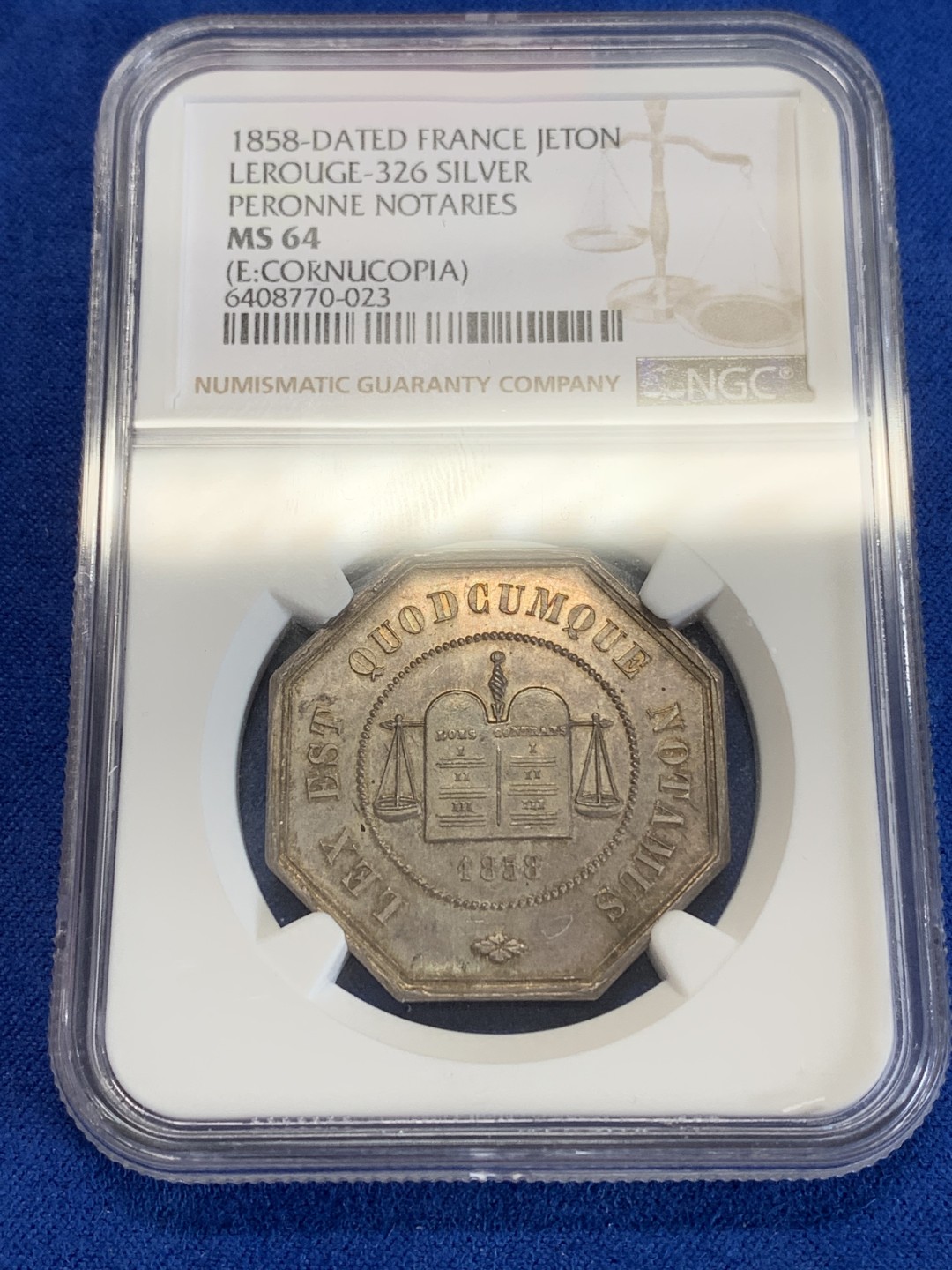《竞宝斋》第157场-法国八角与章 专场！周日，周一，周四 3场 (全场包邮) NGC-MS64 法国八角银质代币 佩罗讷地区公证人，原味包浆