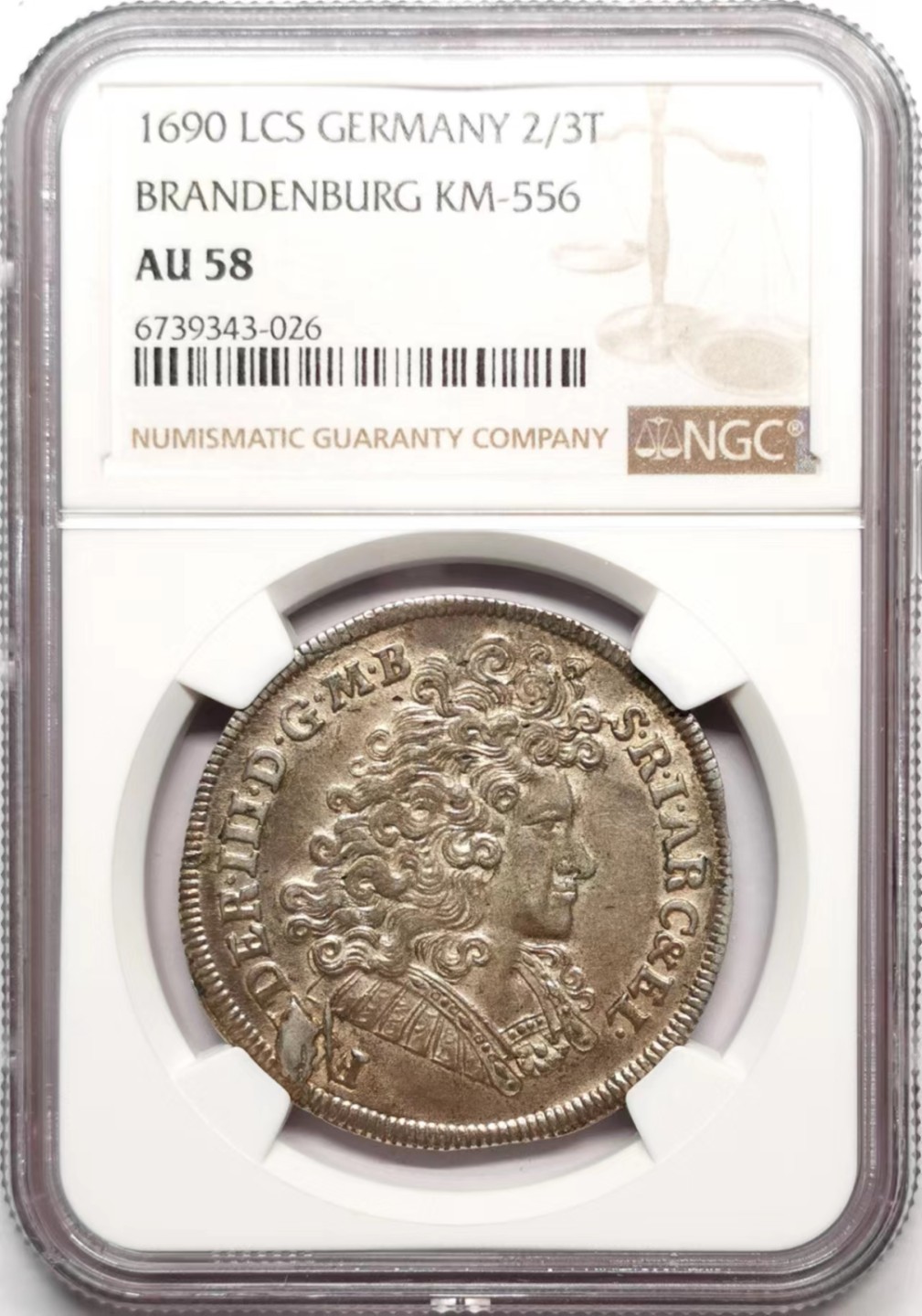 凡希社世界钱币微拍第二百三十六期 1690勃兰登堡普鲁士公国2/3泰勒NGC-AU58实物极赞！