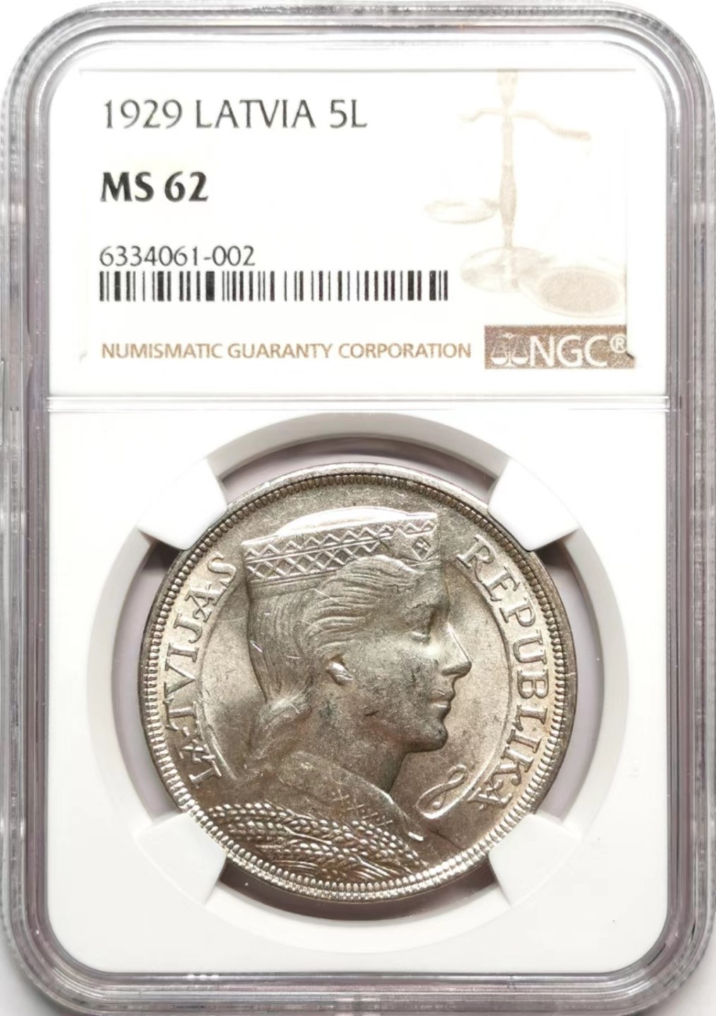 凡希社世界钱币微拍第二百三十六期 1929拉脱维亚5L大银NGC-MS62