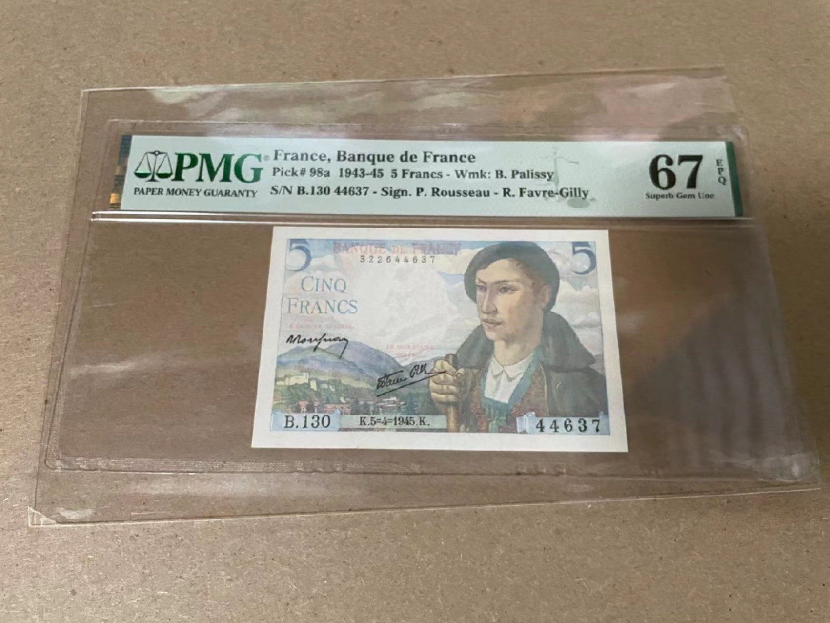 【Blue Auction】✨世界纸币精拍第316期——周日畅拍场 法国 1945年5法郎 PMG67EPQ 