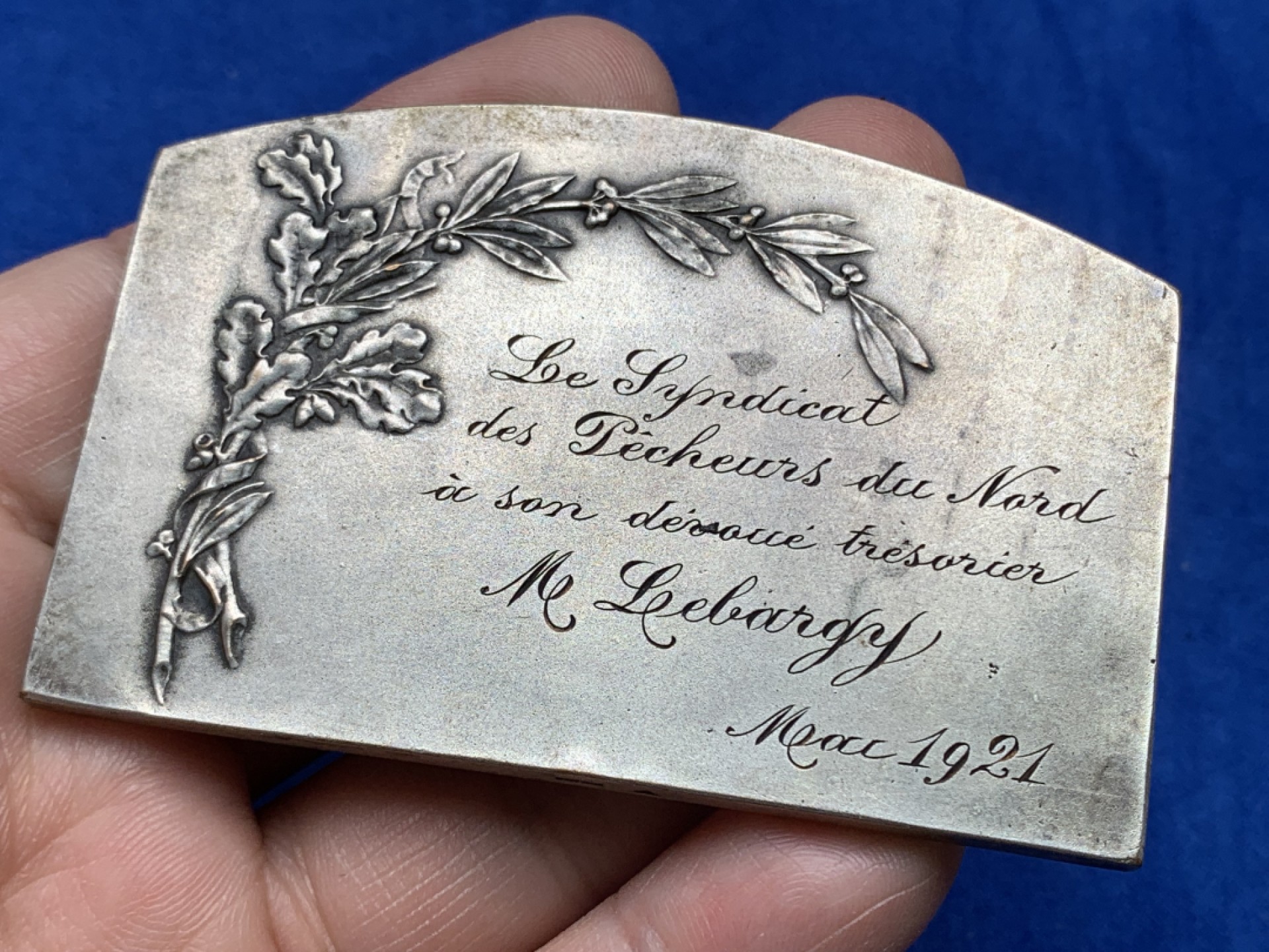 《竞宝斋》第157场-法国八角与章 专场！周日，周一，周四 3场 (全场包邮) 法国扇形镀银铜章，《丰收》，99.46g，长80mm，最宽49mm