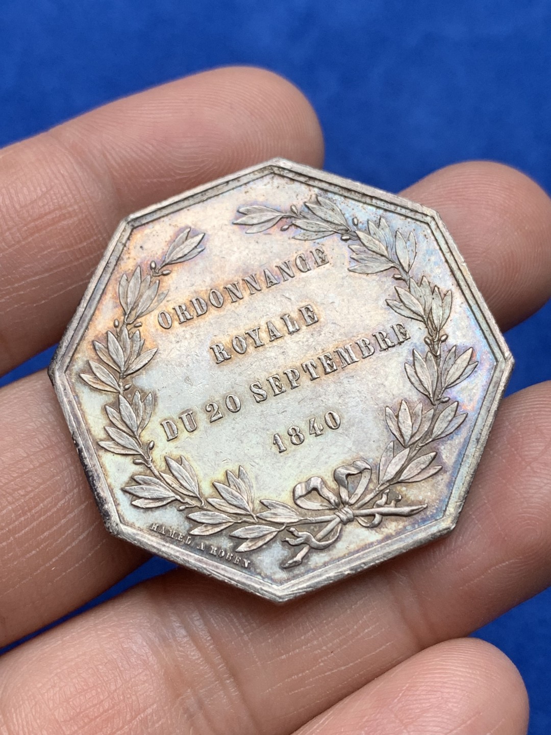 《竞宝斋》第157场-法国八角与章 专场！周日，周一，周四 3场 (全场包邮) 法国八角银质代币，诺曼底保险，24.97g，38.3mm，蜜蜂边铭，大块头