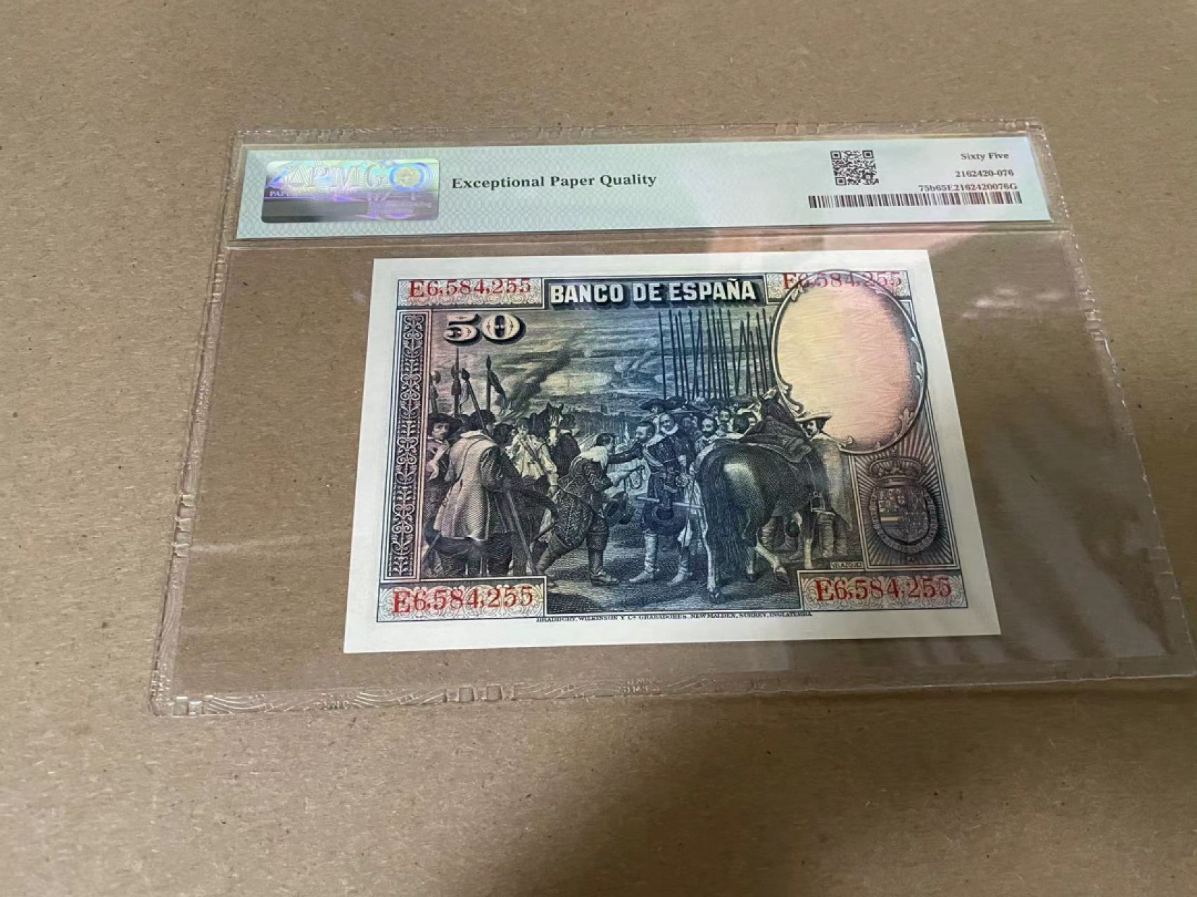 【Blue Auction】✨世界纸币精拍第316期——周日畅拍场 西班牙 1928年50比塞塔 PMG65EPQ BWC出品 雕刻精美