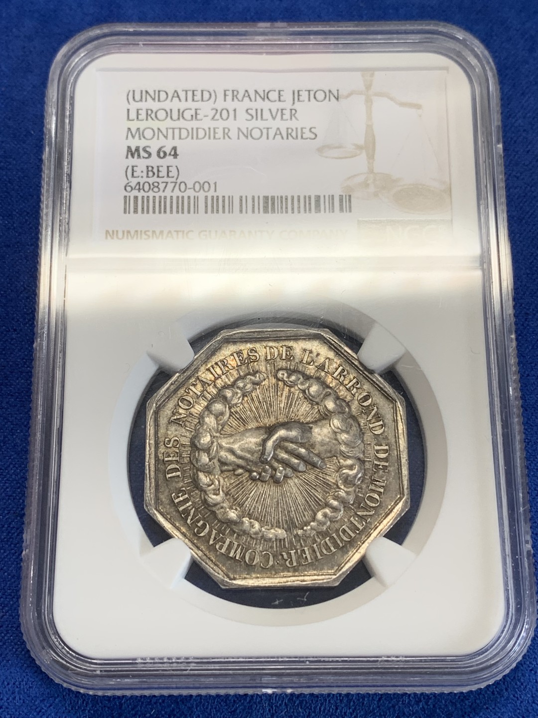 《竞宝斋》第157场-法国八角与章 专场！周日，周一，周四 3场 (全场包邮) NGC-MS64 法国八角银质代币 阿比维尔地区公证人，蜜蜂边铭，手上经脉栩栩如生，少见的光芒穿过云层版