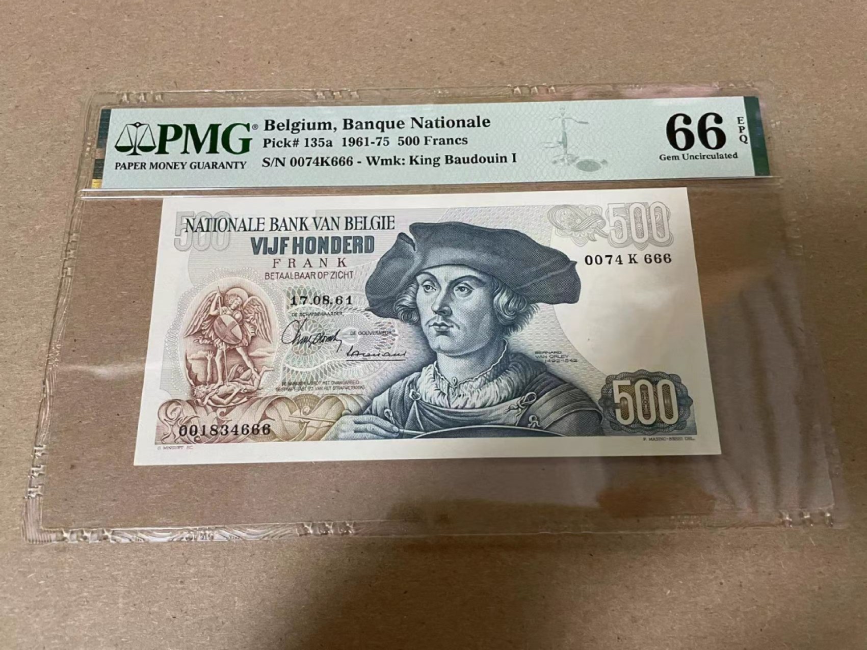 【Blue Auction】✨世界纸币精拍第316期——周日畅拍场 【666豹子号 首发年份少见】比利时 1961年500法郎  黑寡妇 PMG66EPQ 