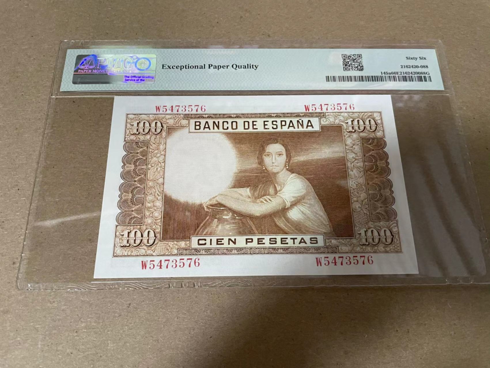 【Blue Auction】✨世界纸币精拍第316期——周日畅拍场 西班牙 1953年100比塞塔 抱瓶女 PMG66EPQ 