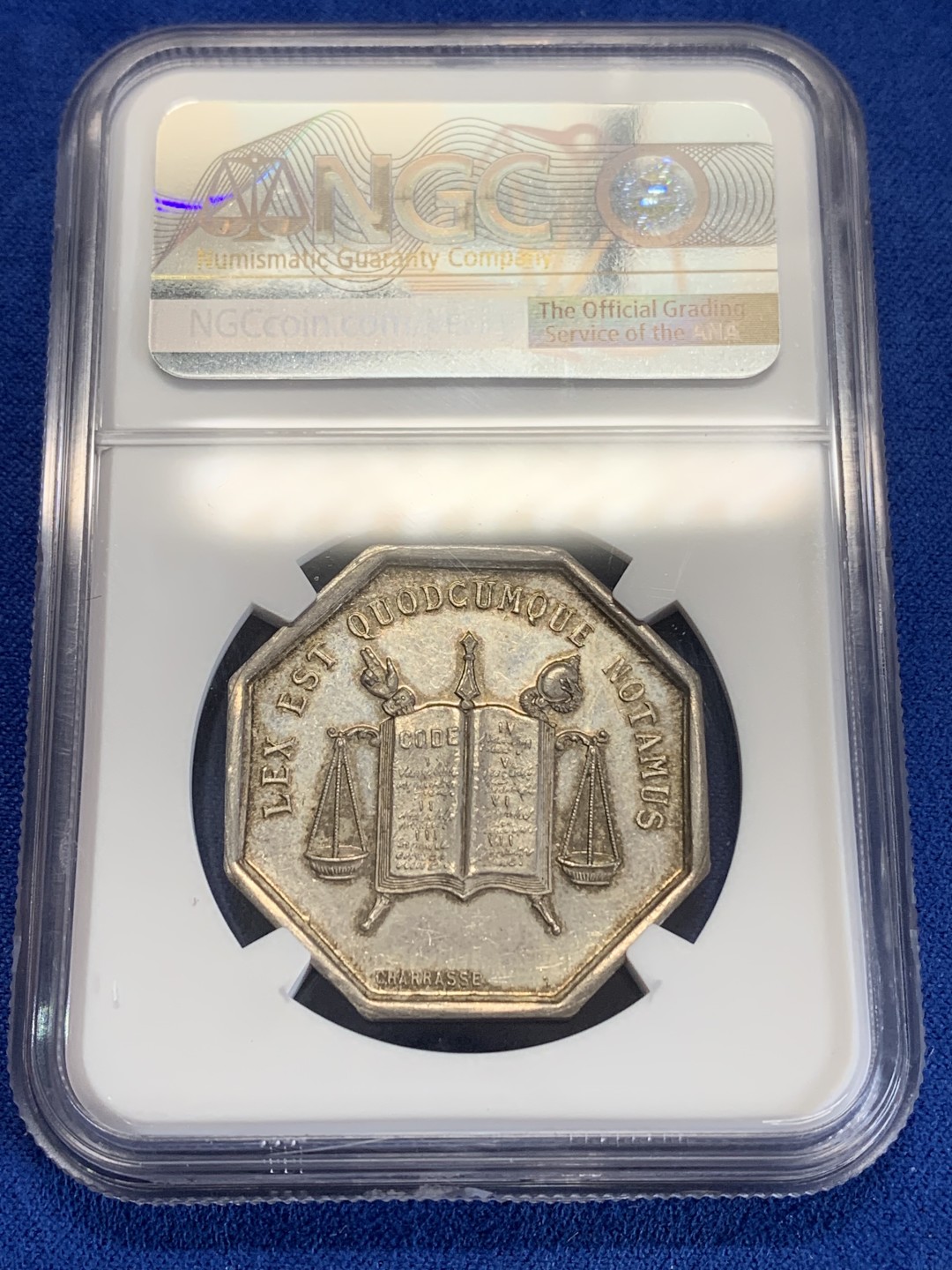 《竞宝斋》第157场-法国八角与章 专场！周日，周一，周四 3场 (全场包邮) NGC-MS62 法国 八角银质代币 里昂地区公证人，蜜蜂边铭，盾徽上高浮雕狮子高点俱在