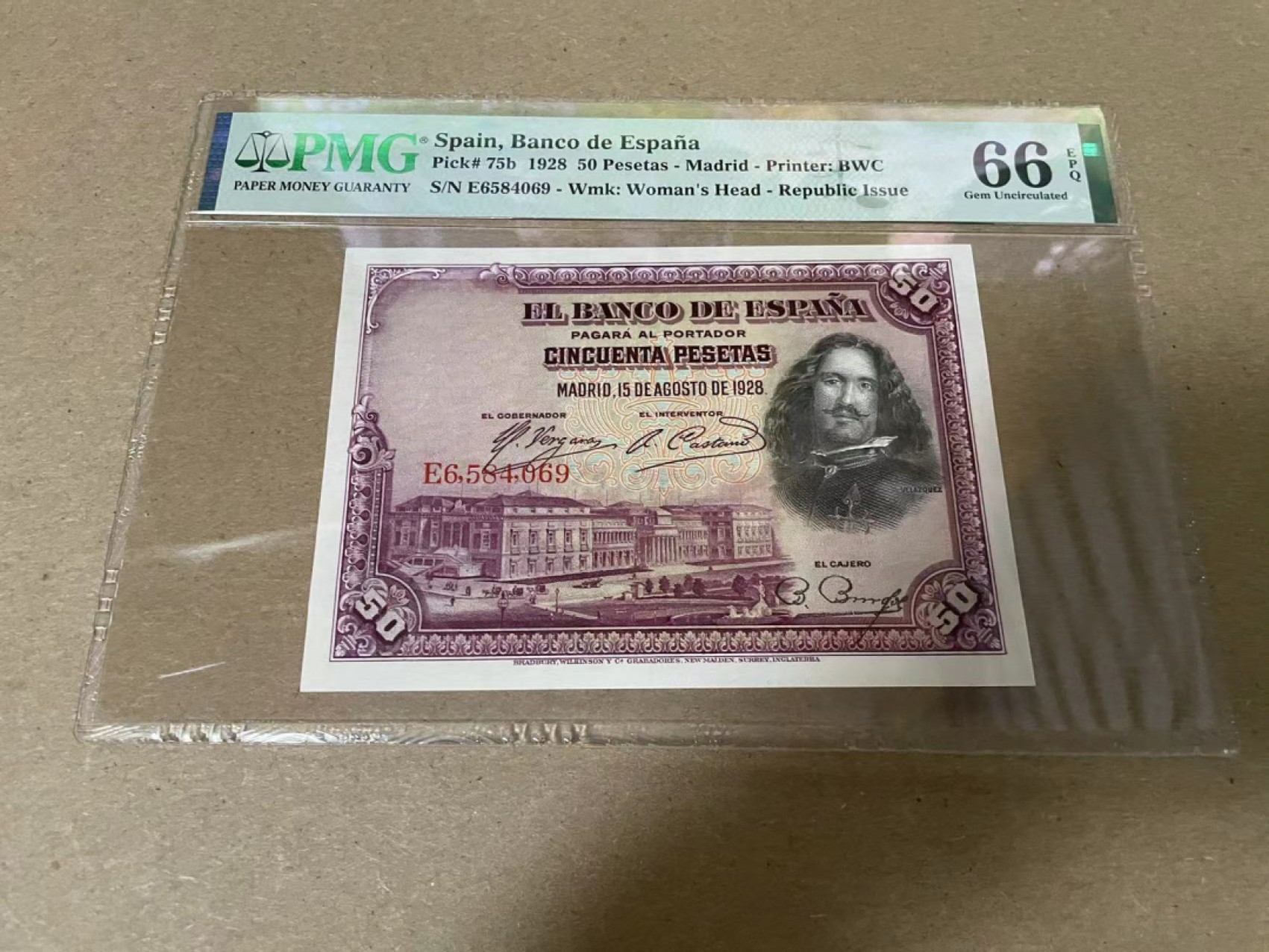 【Blue Auction】✨世界纸币精拍第316期——周日畅拍场 西班牙 1928年50比塞塔 PMG66EPQ BWC出品 雕刻精美