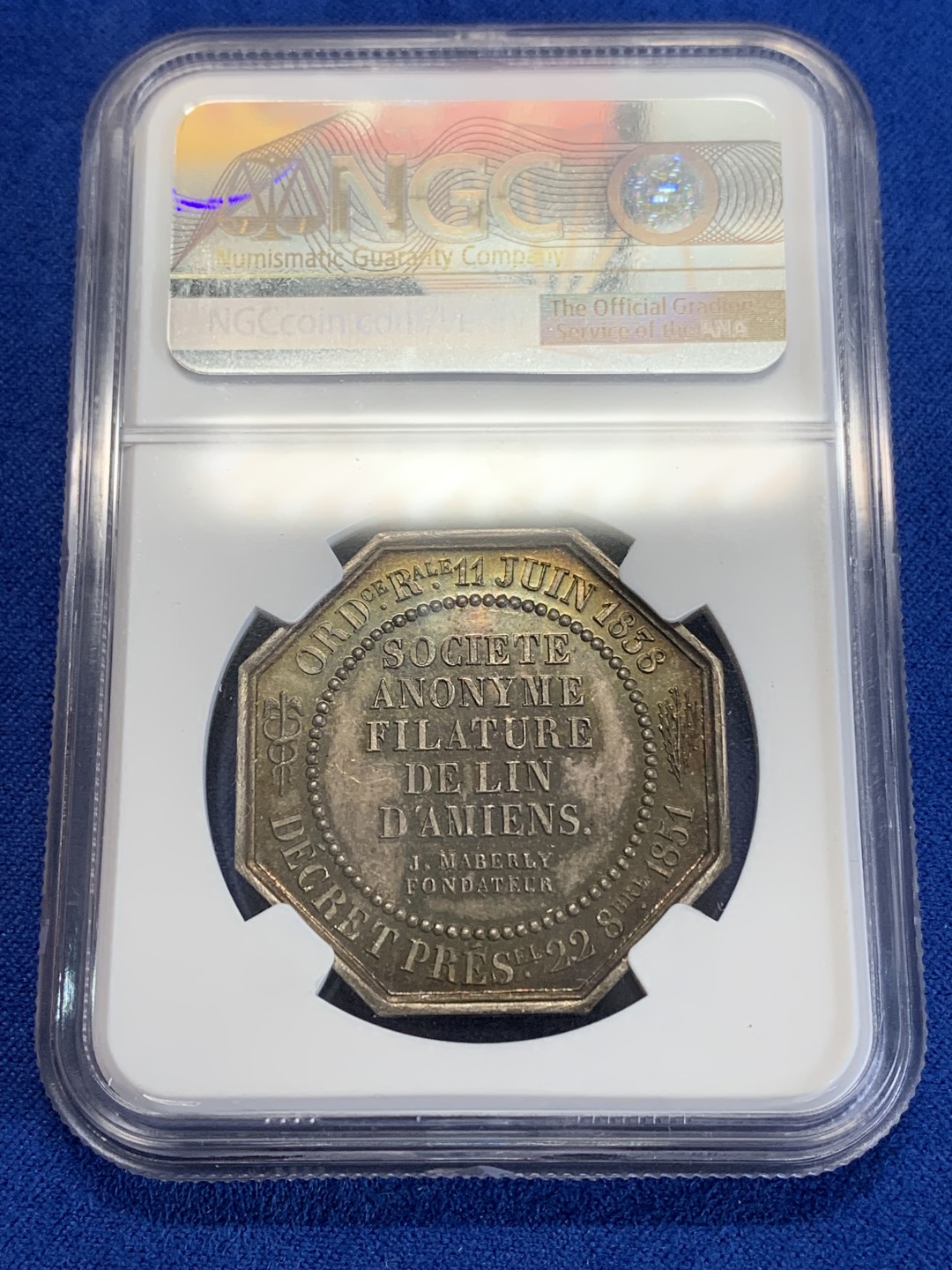 《竞宝斋》第157场-法国八角与章 专场！周日，周一，周四 3场 (全场包邮) NGC-MS64法国八角银质代币，亚眠城镇亚麻纺纱，蜜蜂边铭，金红包浆