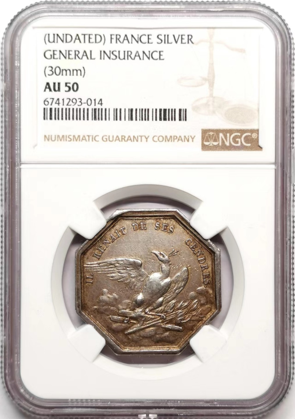 凡希社世界钱币微拍第二百三十六期 十九世纪法国通用保险八角银章NGC-AU50