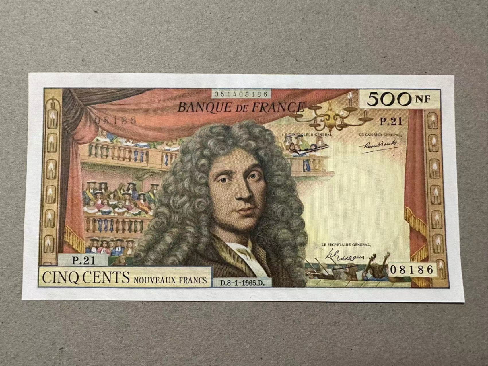 【Blue Auction】✨世界纸币精拍第316期——周日畅拍场  【08186倒置号】法国 1963年 500新法郎 莫里哀 UNC- 针孔