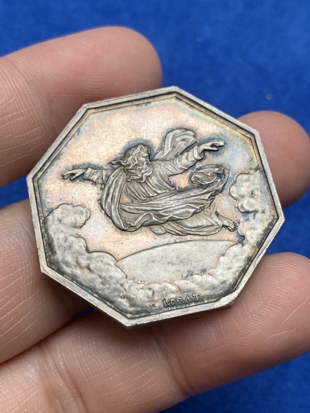 《竞宝斋》第157场-法国八角与章 专场！周日，周一，周四 3场 (全场包邮) 法国八角银质代币，天父保险，云端之上飞天的宙斯，20.87g，36.3mm，丰饶角边铭，