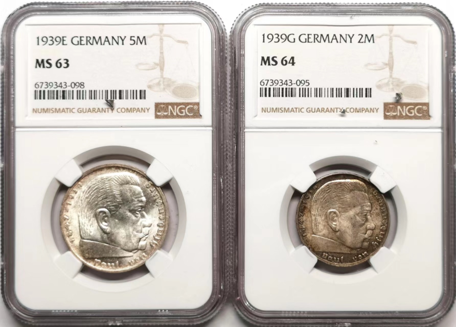 凡希社世界钱币微拍第二百三十六期 1939德国兴登堡2/5马克一对NGC-MS63/64