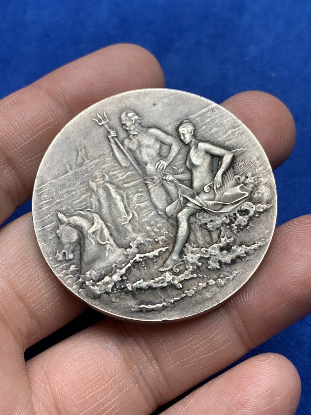 《竞宝斋》第157场-法国八角与章 专场！周日，周一，周四 3场 (全场包邮) 法国银章，1900年拉瓦雷讷垂钓者爱好协会，48.6g，46.3mm，丰饶角边铭