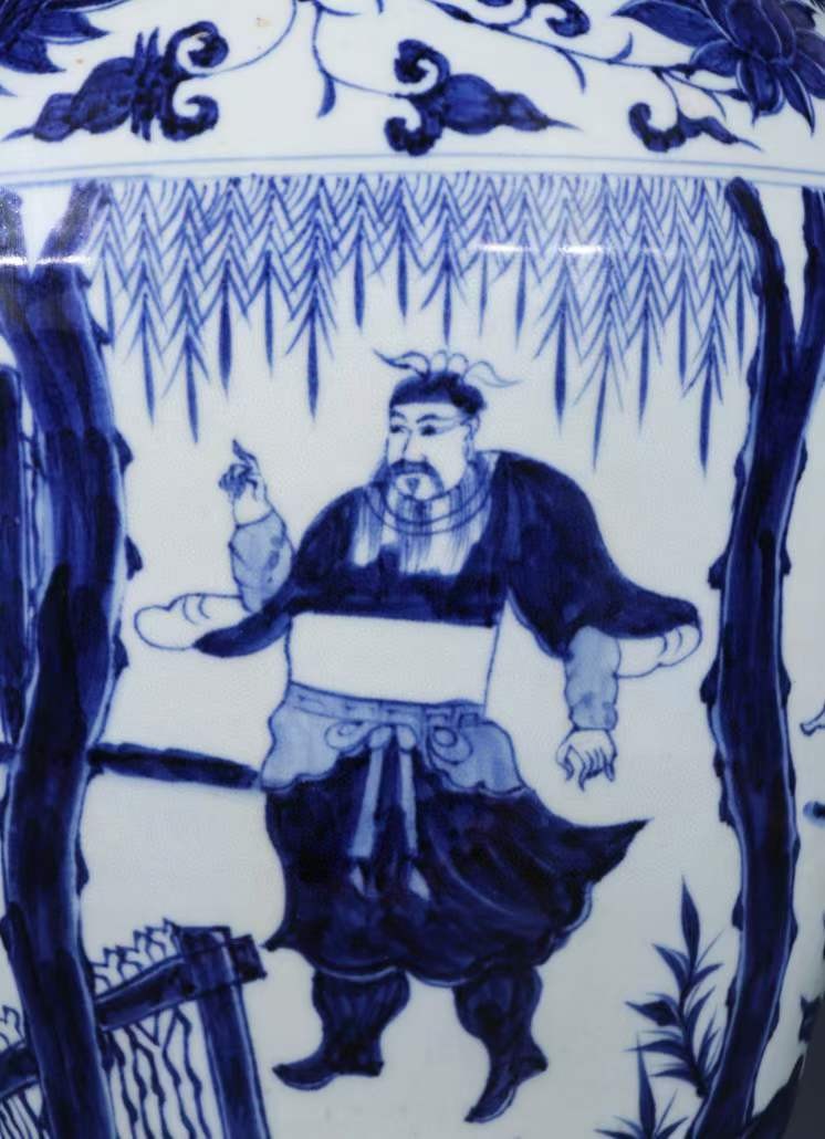 旧藏 元青花【周亚夫屯兵细柳营】人物故事纹带盖梅瓶 旧藏 元青花【周亚夫屯兵细柳营】人物故事纹带盖梅瓶