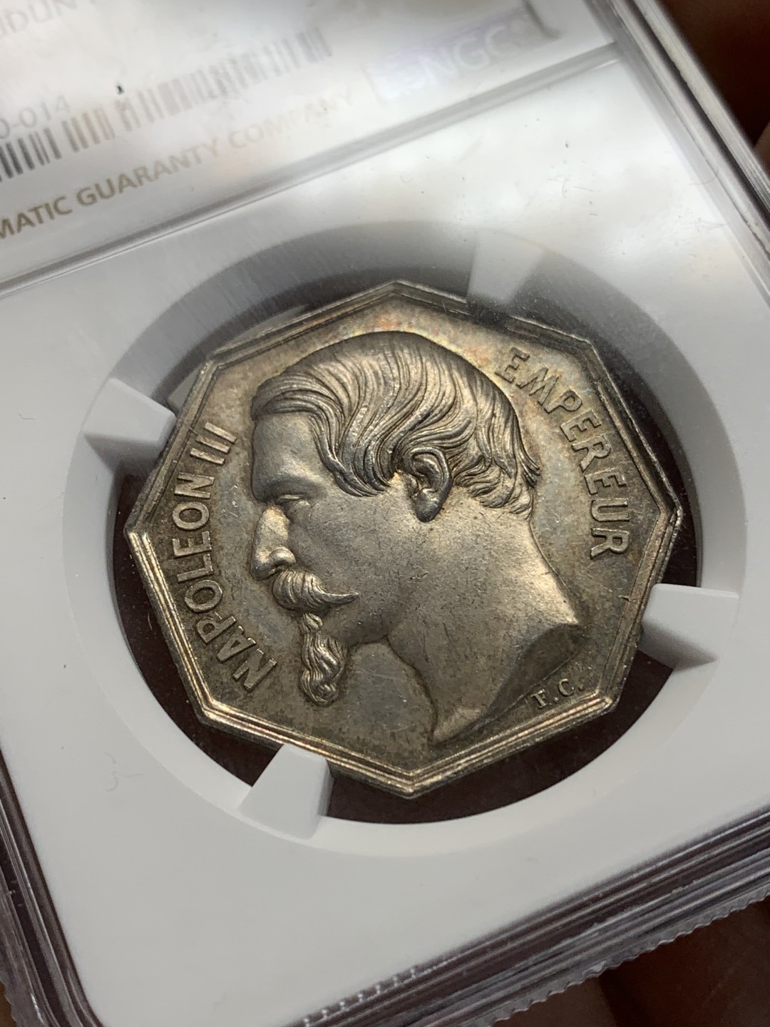 《竞宝斋》第157场-法国八角与章 专场！周日，周一，周四 3场 (全场包邮) NGC-MS63法国八角银质代币，卢瓦尔地区的沙托当公证人，手指边铭，五彩包浆