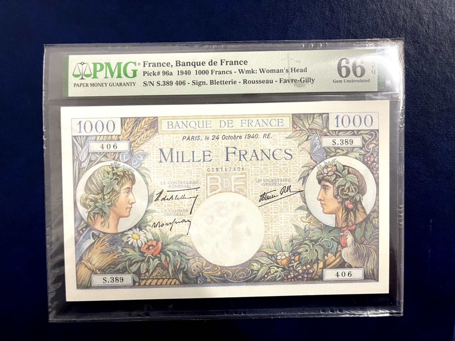 【Blue Auction】✨世界纸币精拍第316期——周日畅拍场 【a版】法国 1940年1000法郎 PMG66EPQ 大票幅墨丘利