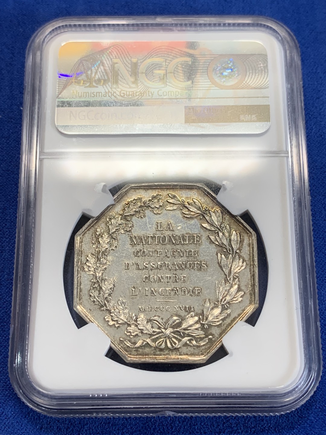 《竞宝斋》第157场-法国八角与章 专场！周日，周一，周四 3场 (全场包邮) NGC-MS64 法国八角银质代币 皇家火灾保险公司，细节丰富，原味包浆，顶级品相，块头很大