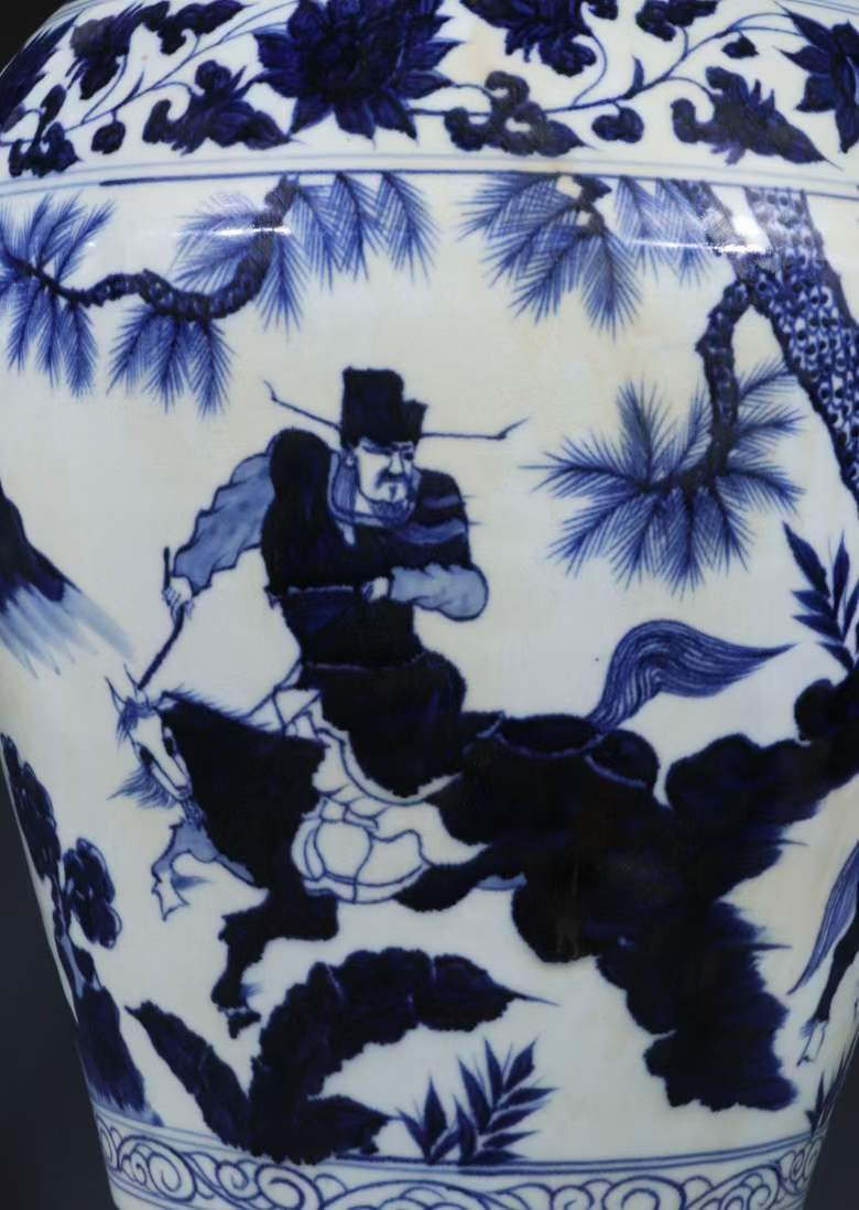 旧藏 元青花【萧何月下追韩信】人物故事纹带盖梅瓶一对