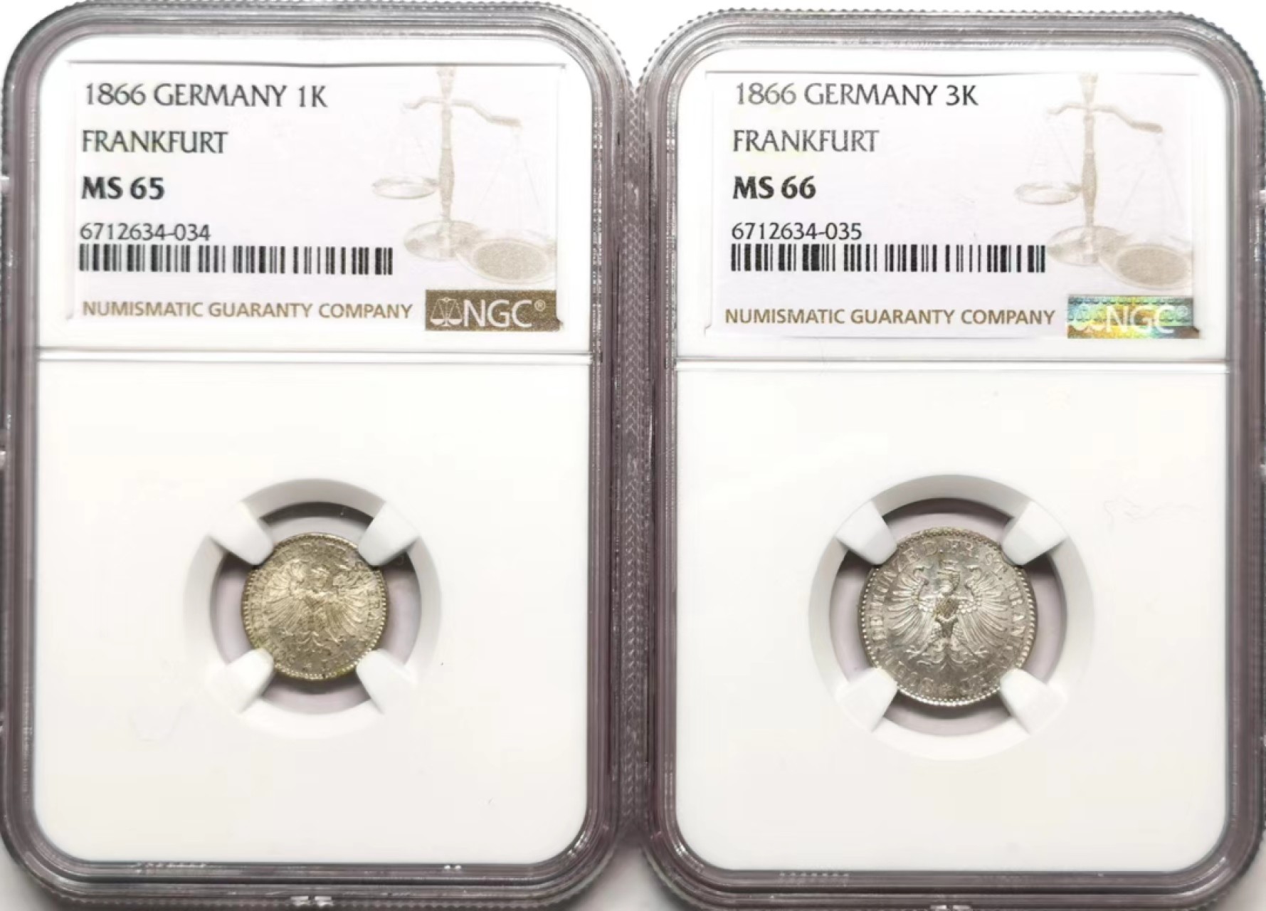 凡希社世界钱币微拍第二百三十六期 1866法兰克福1K/3K银辅币一对NGC-MS65/66高分精品！