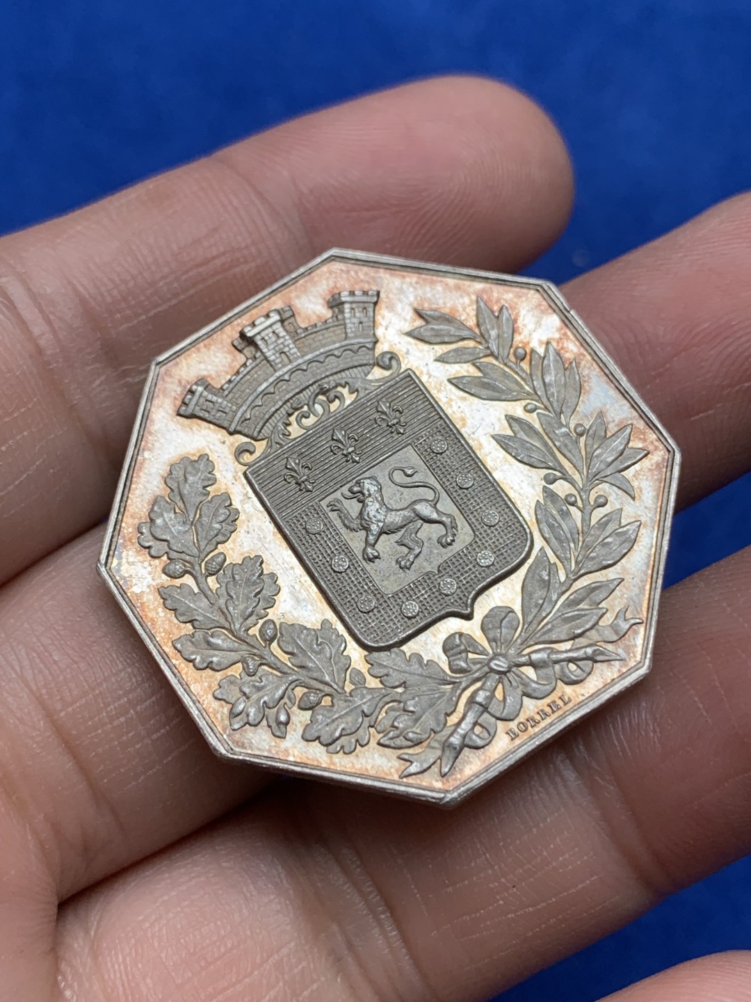 《竞宝斋》第157场-法国八角与章 专场！周日，周一，周四 3场 (全场包邮) 法国八角银质代币，火灾保险公司，19.07g，35mm，蜜蜂边铭，金色包浆，底板漂亮