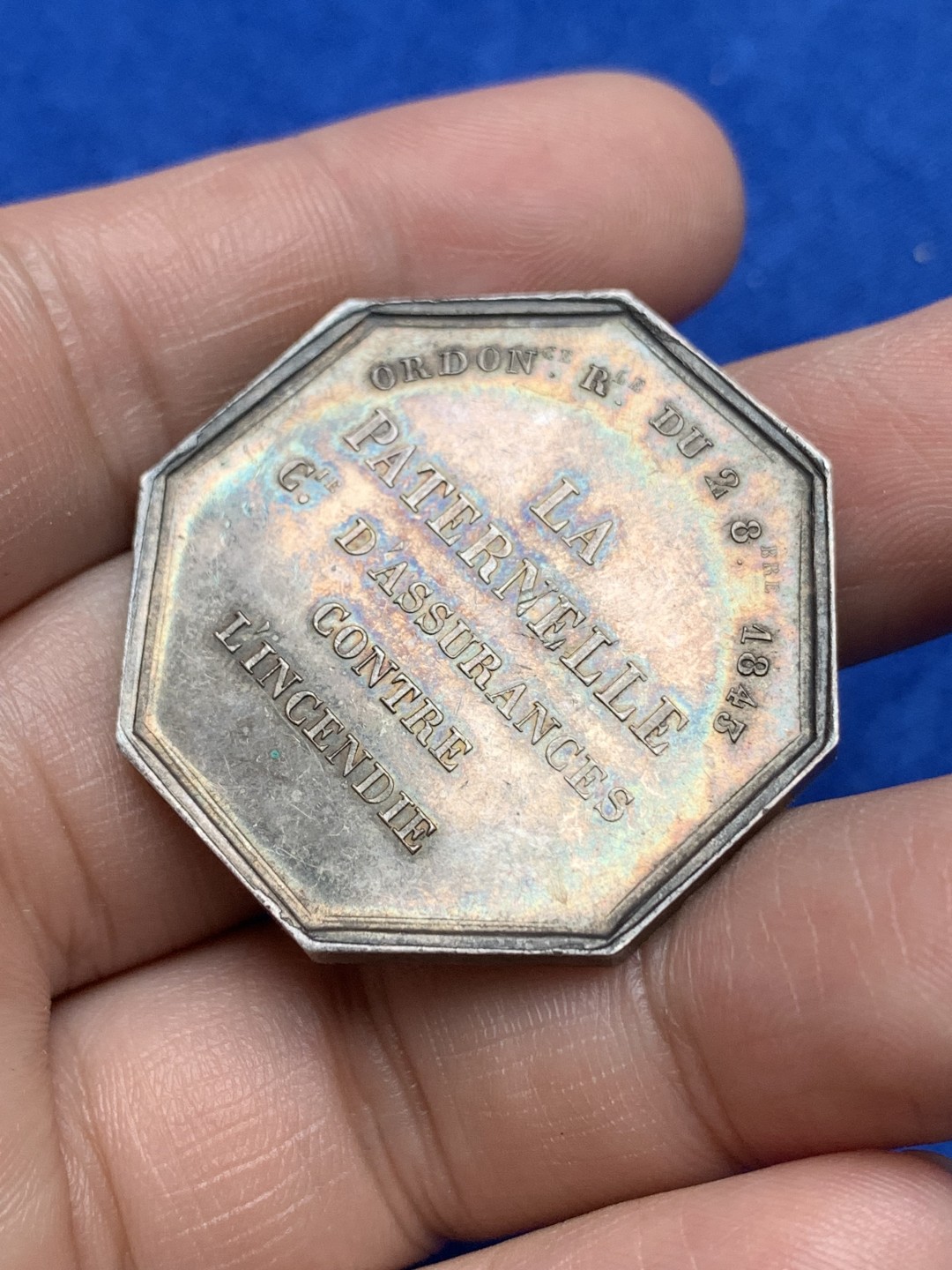 《竞宝斋》第157场-法国八角与章 专场！周日，周一，周四 3场 (全场包邮) 法国八角银质代币，天父保险，云端之上飞天的宙斯，20.87g，36.3mm，丰饶角边铭，