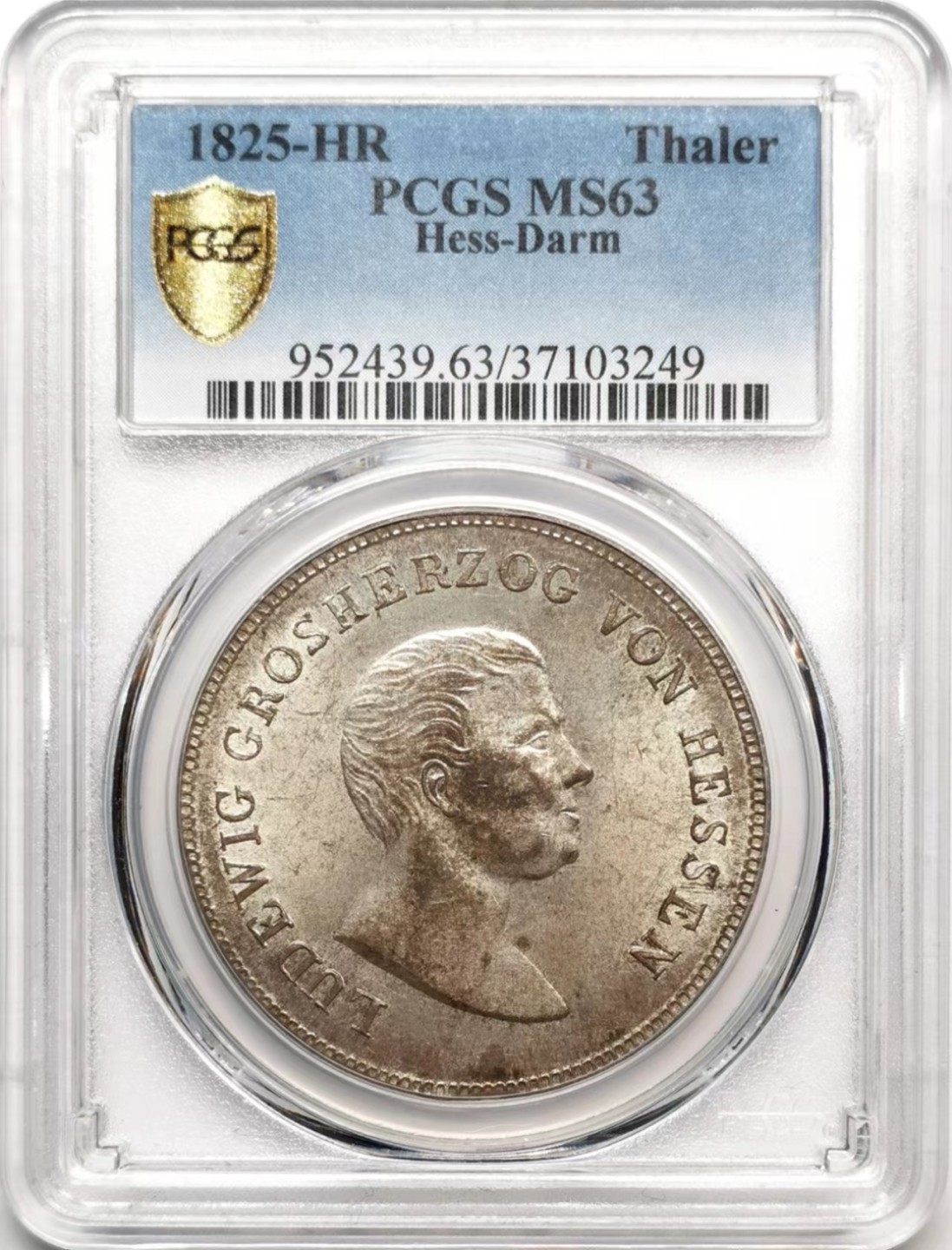 凡希社世界钱币微拍第二百三十六期 荐！1825黑森-达姆斯特纹章泰勒大银PCGS-MS63灰彩底板一流！