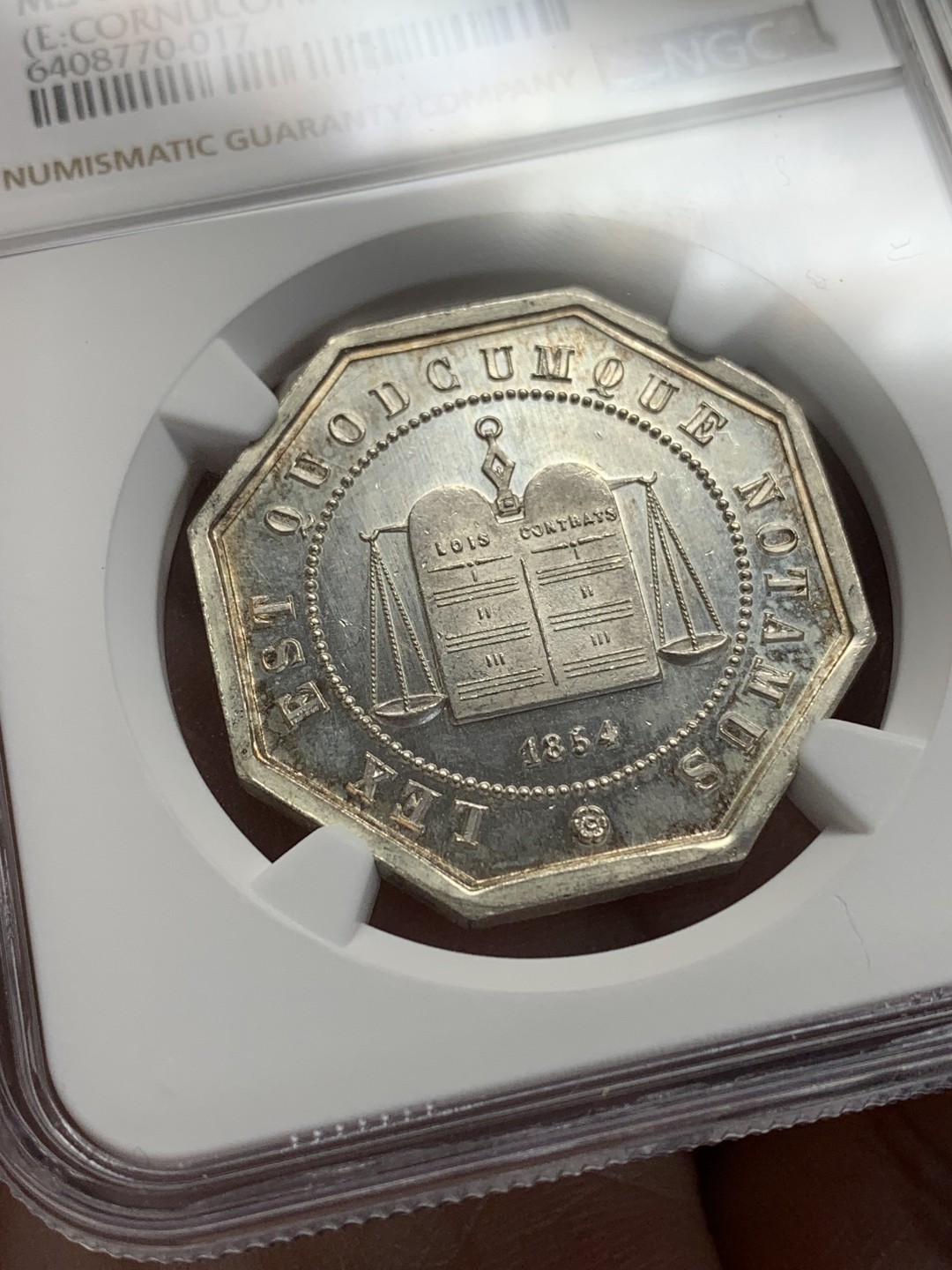 《竞宝斋》第157场-法国八角与章 专场！周日，周一，周四 3场 (全场包邮) NGC-MS64 法国 八角银质代币 亚眠地区公证人，淡淡包浆呈霜面效果