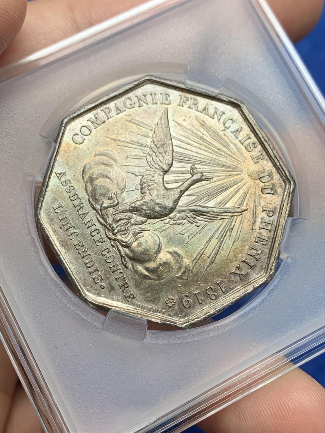 《竞宝斋》第157场-法国八角与章 专场！周日，周一，周四 3场 (全场包邮) 法国八角银质代币，凤凰火灾保险，菲利普一世，22.51g，36mm，油灯边铭