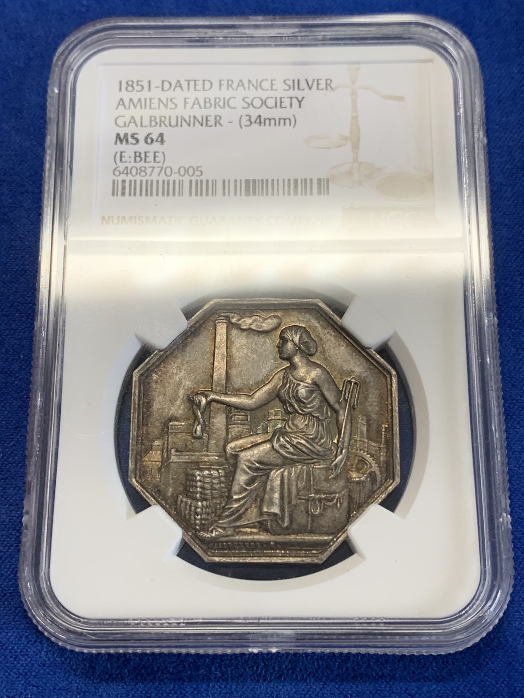 《竞宝斋》第157场-法国八角与章 专场！周日，周一，周四 3场 (全场包邮) NGC-MS64法国八角银质代币，亚眠城镇亚麻纺纱，蜜蜂边铭，金红包浆