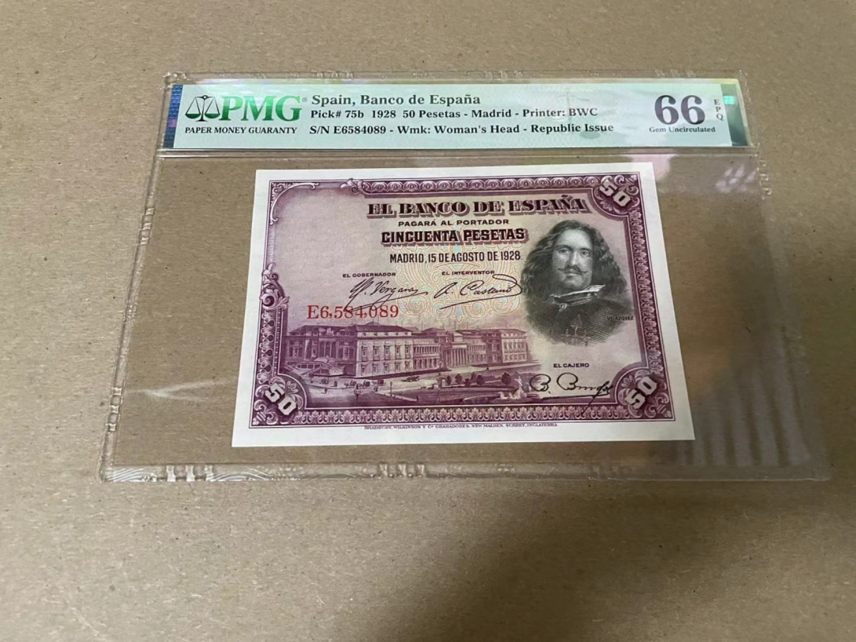 【Blue Auction】✨世界纸币精拍第316期——周日畅拍场 西班牙 1928年50比塞塔 PMG66EPQ BWC出品 雕刻精美