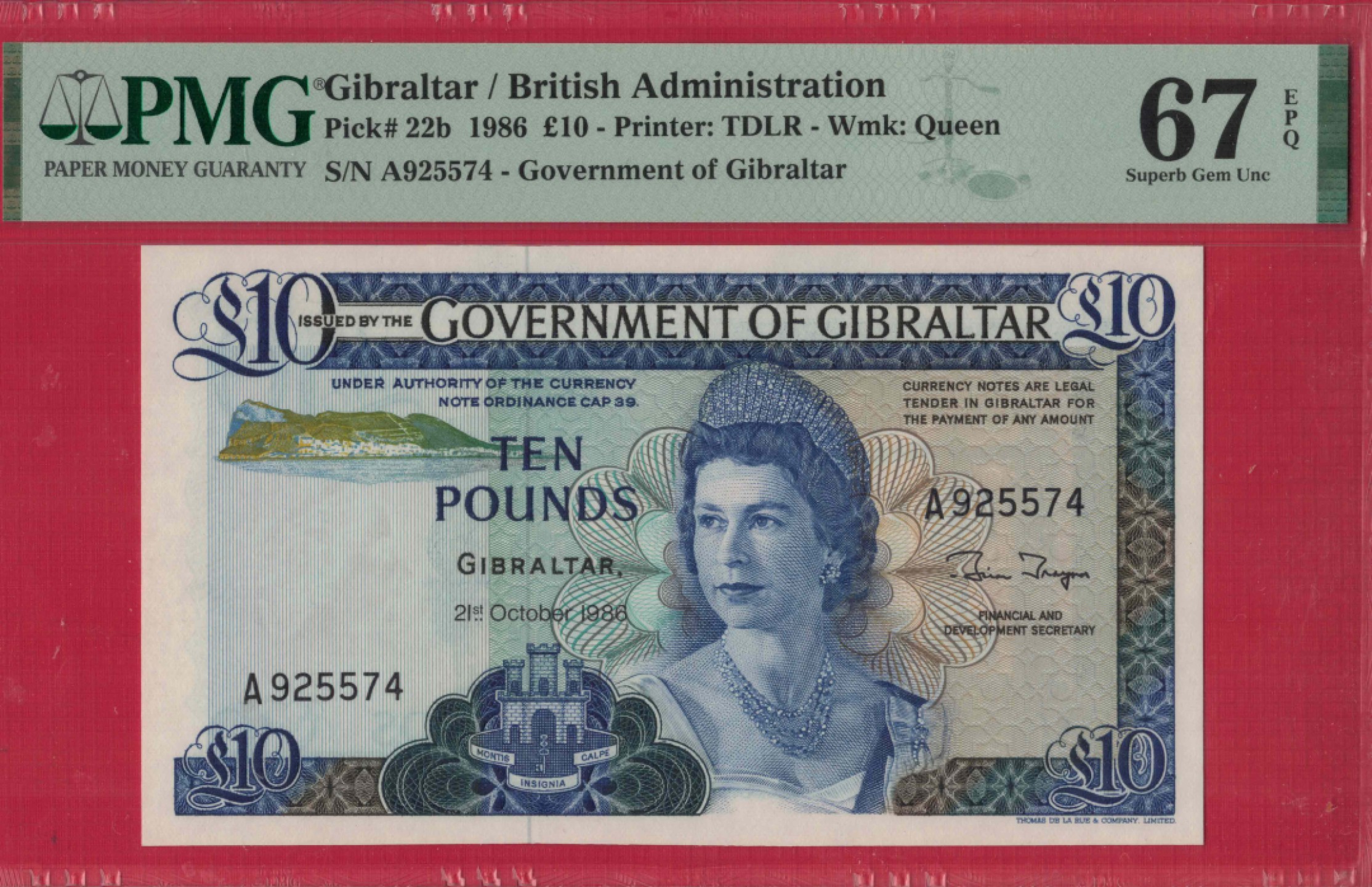 直布罗陀10镑 1986年 A冠 P-22b 欧洲纸币 实物图 UNC