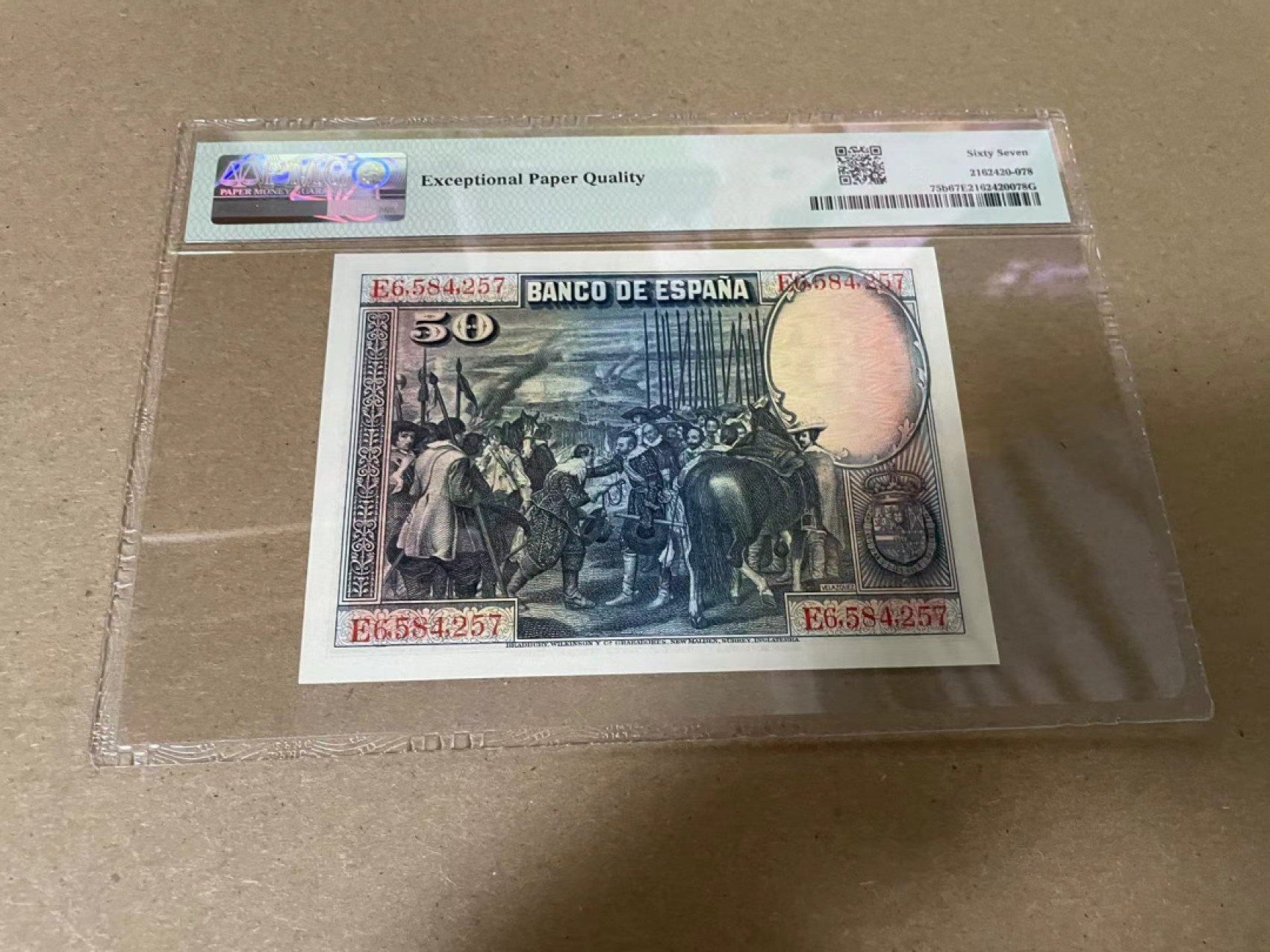 【Blue Auction】✨世界纸币精拍第316期——周日畅拍场 西班牙 1928年50比塞塔 PMG67EPQ 高分 BWC出品 雕刻精美