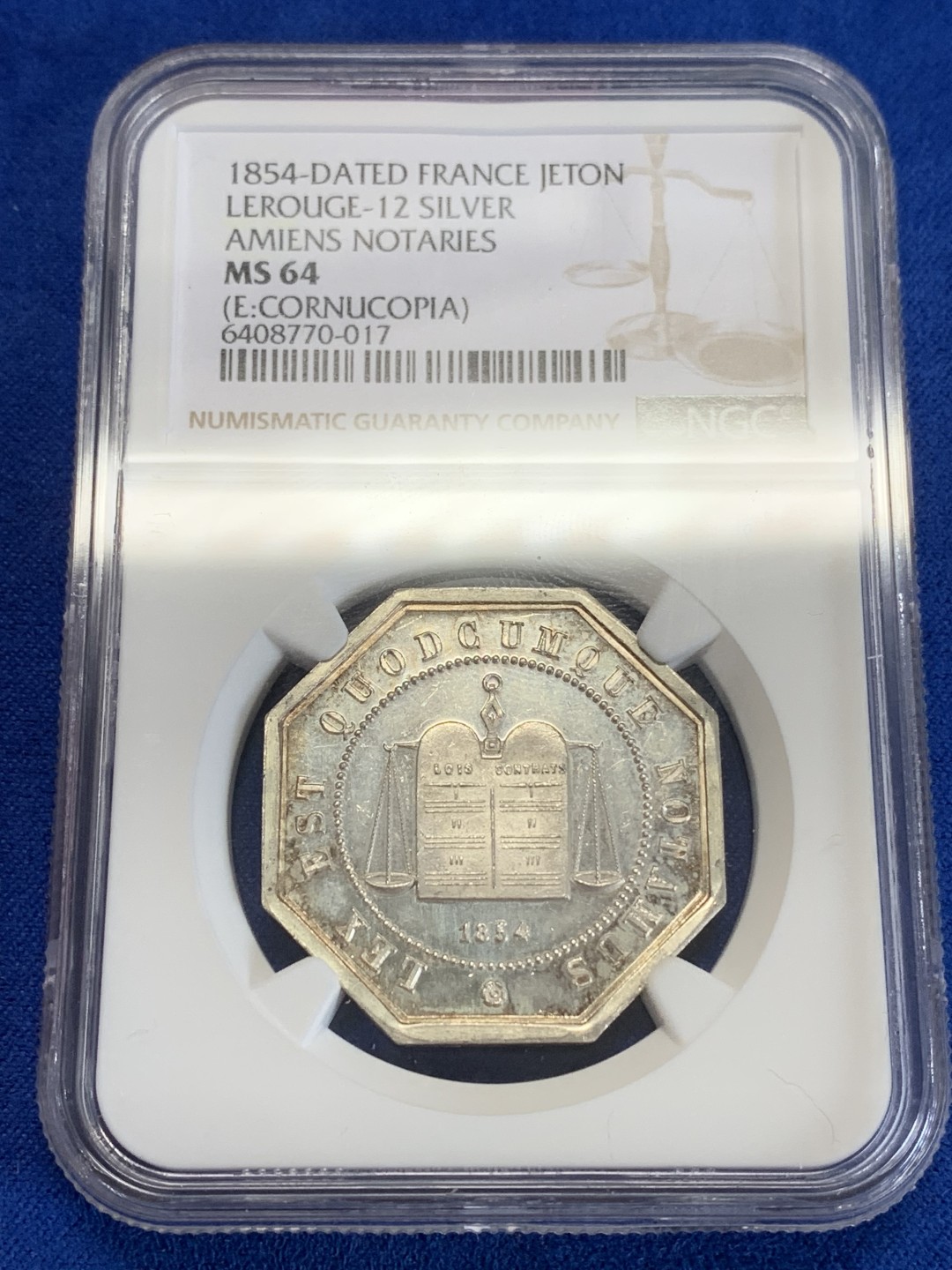 《竞宝斋》第157场-法国八角与章 专场！周日，周一，周四 3场 (全场包邮) NGC-MS64 法国 八角银质代币 亚眠地区公证人，淡淡包浆呈霜面效果