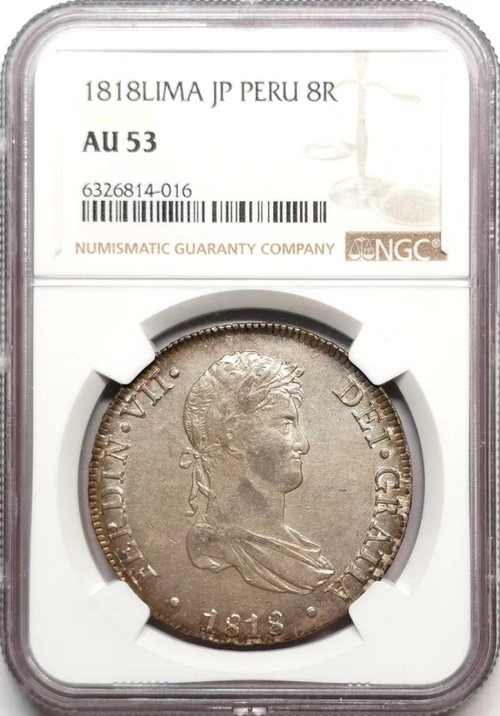 凡希社世界钱币微拍第二百三十六期 1818秘鲁费七双柱NGC-AU53