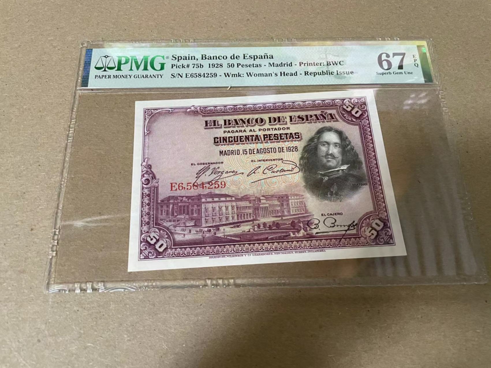 【Blue Auction】✨世界纸币精拍第316期——周日畅拍场 西班牙 1928年50比塞塔 PMG67EPQ 高分 BWC出品 雕刻精美