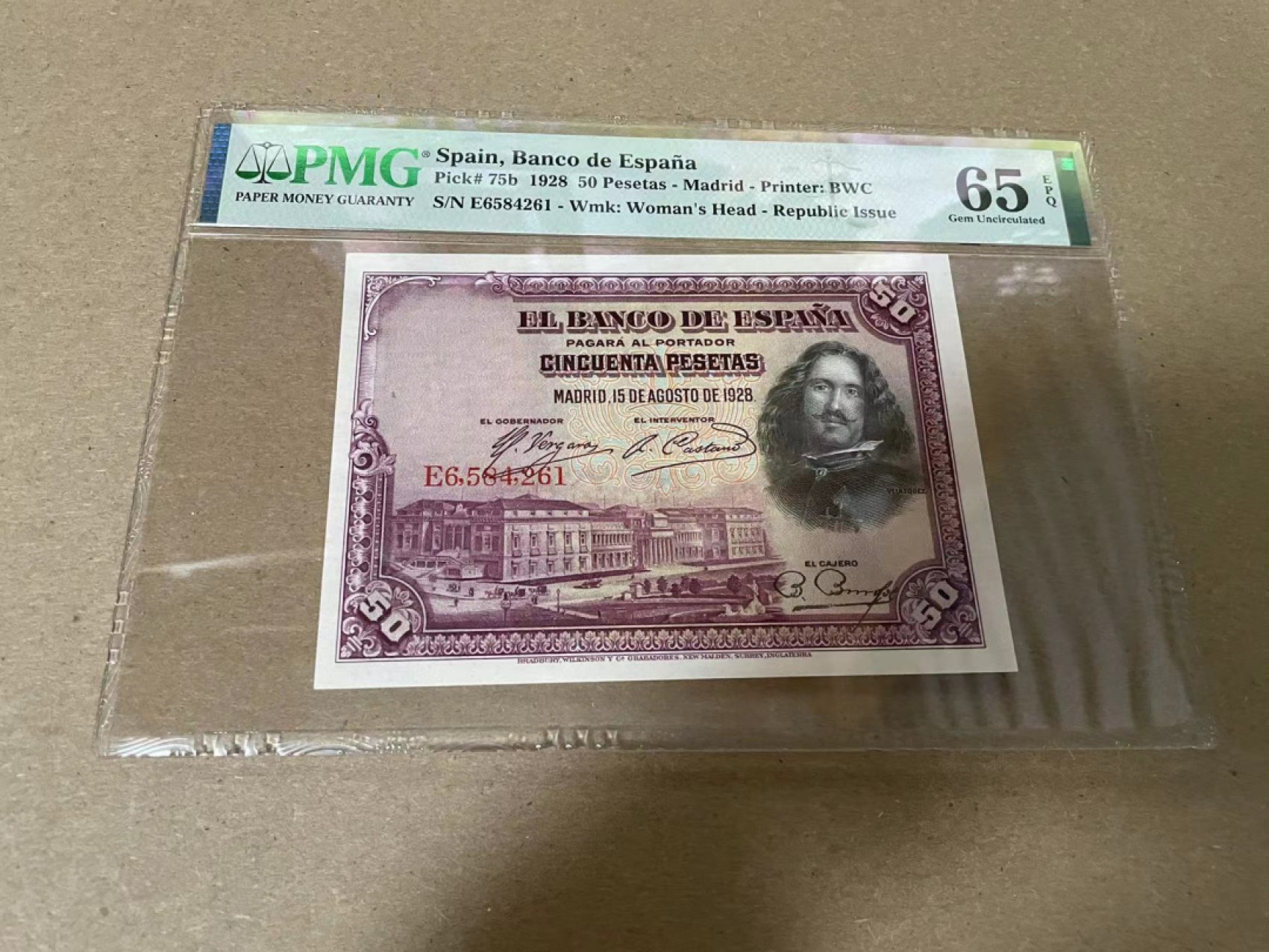 【Blue Auction】✨世界纸币精拍第316期——周日畅拍场 西班牙 1928年50比塞塔 PMG65EPQ BWC出品 雕刻精美