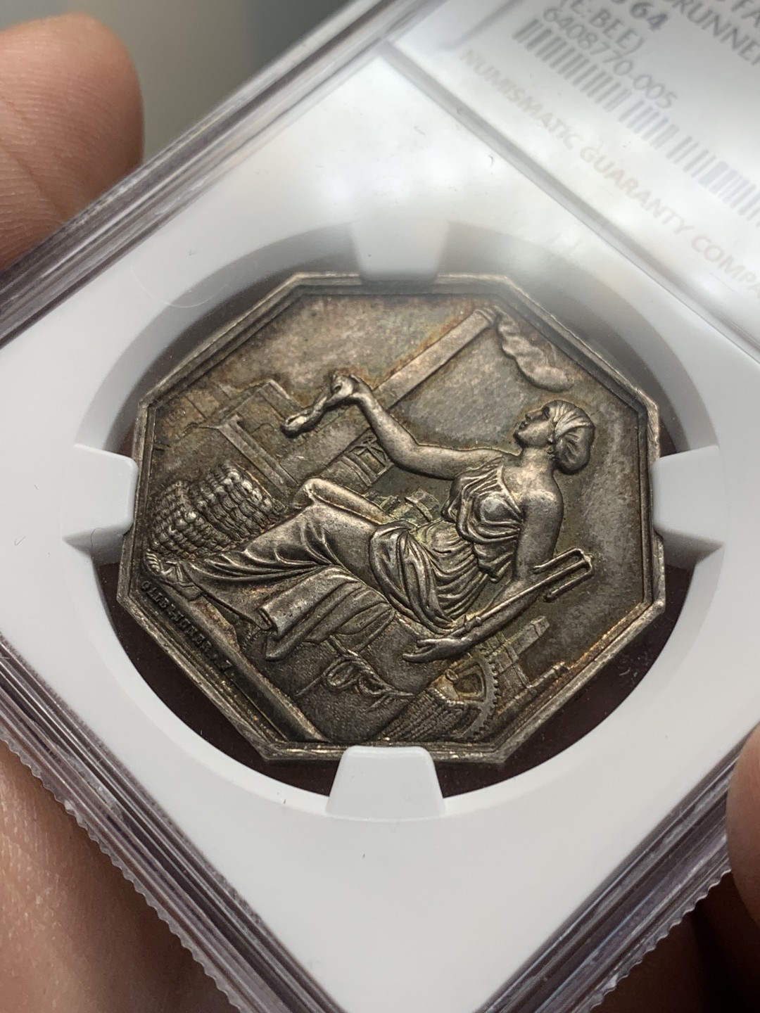 《竞宝斋》第157场-法国八角与章 专场！周日，周一，周四 3场 (全场包邮) NGC-MS64法国八角银质代币，亚眠城镇亚麻纺纱，蜜蜂边铭，金红包浆