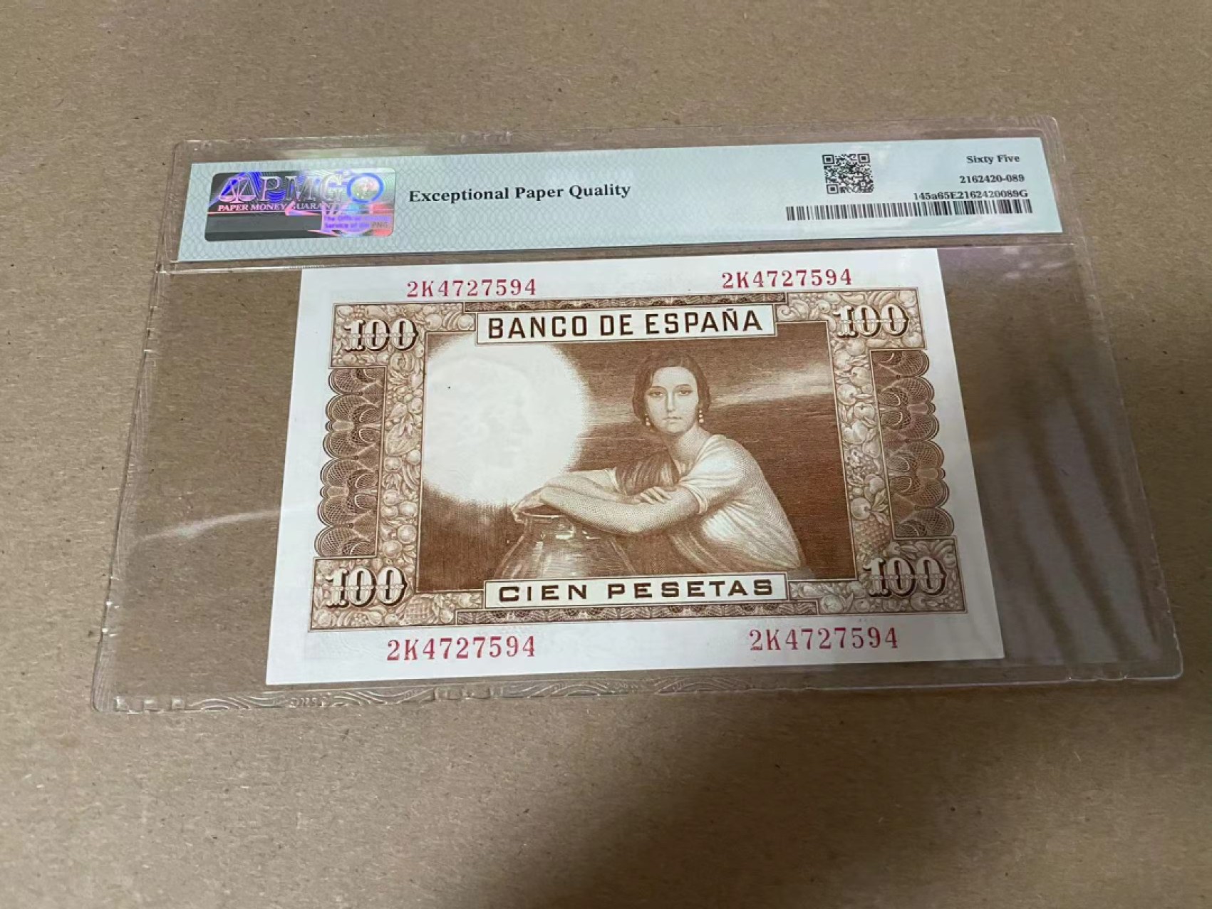 【Blue Auction】✨世界纸币精拍第316期——周日畅拍场 西班牙 1953年100比塞塔 抱瓶女 PMG65EPQ 