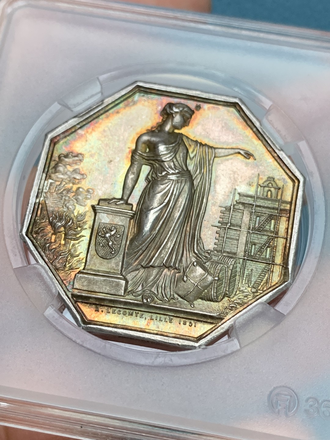 《竞宝斋》第157场-法国八角与章 专场！周日，周一，周四 3场 (全场包邮) 法国八角银质代币，北方火灾保险，17.05g，35mm，手指边铭，高浮雕，五彩包浆