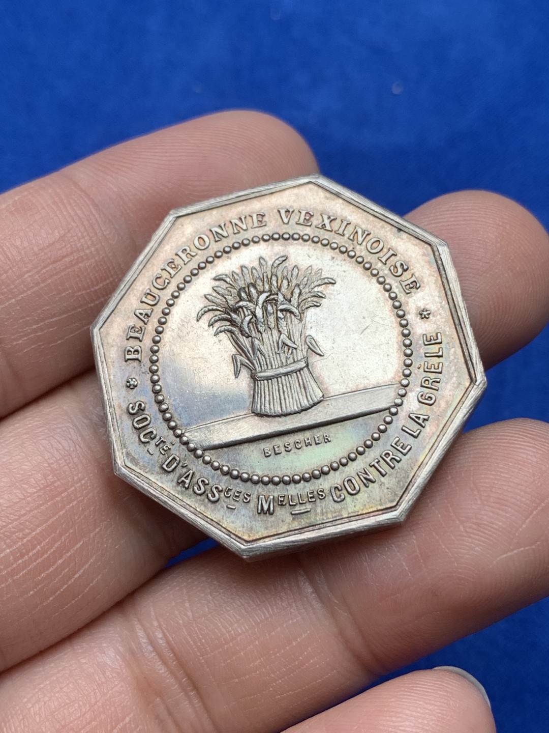 《竞宝斋》第157场-法国八角与章 专场！周日，周一，周四 3场 (全场包邮) 法国八角银质代币，冰雹保险公司，22.58g，33.8mm，丰饶角边铭。