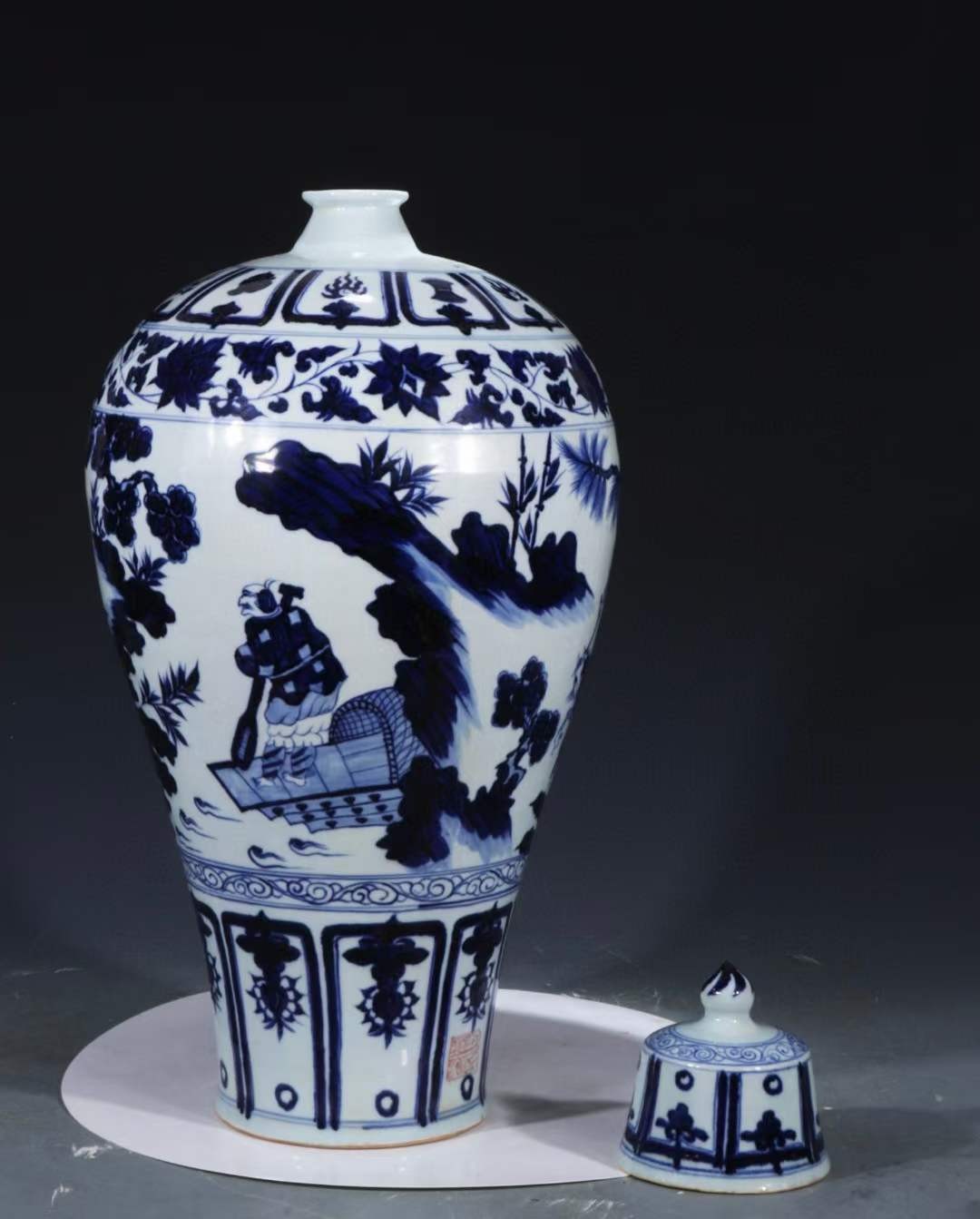 旧藏 元青花【萧何月下追韩信】人物故事纹带盖梅瓶一对