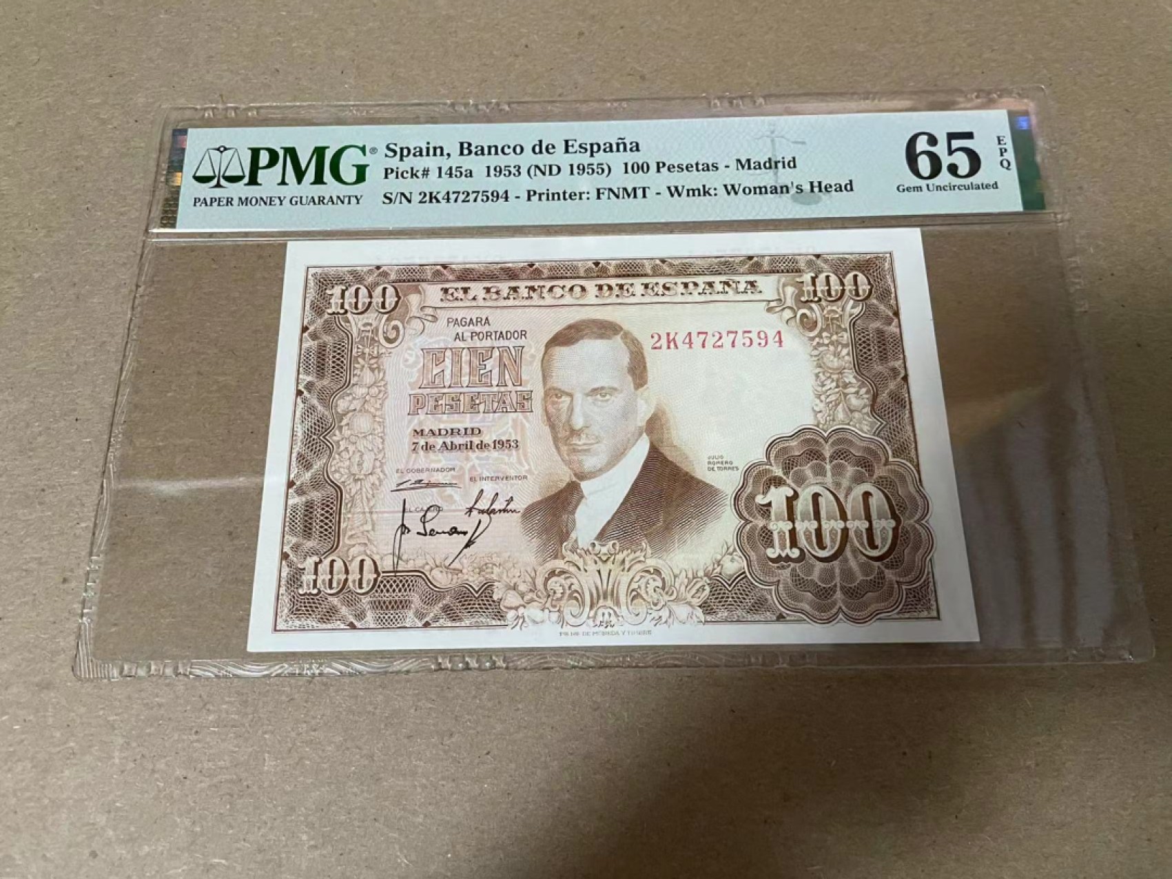 【Blue Auction】✨世界纸币精拍第316期——周日畅拍场 西班牙 1953年100比塞塔 抱瓶女 PMG65EPQ 