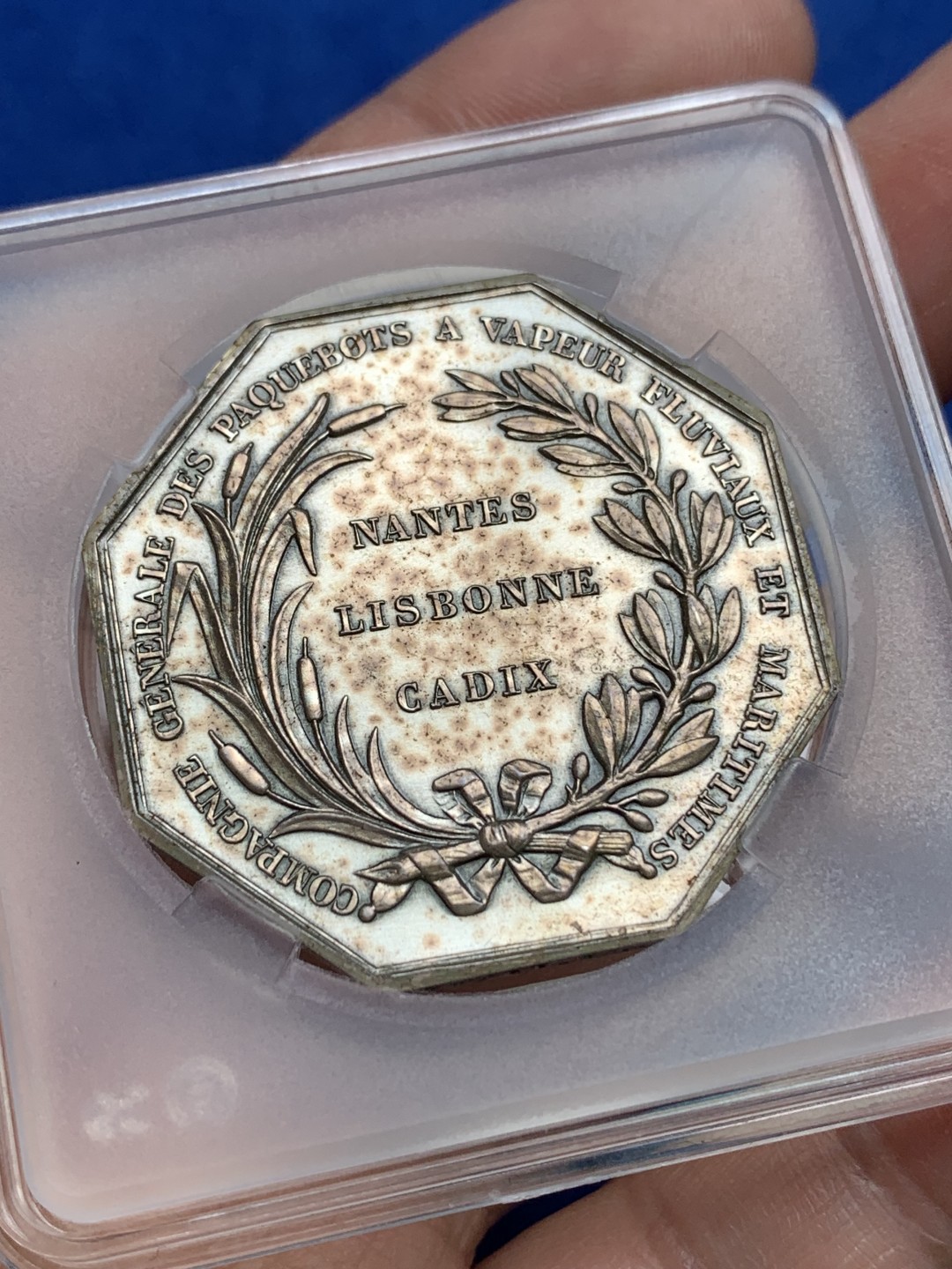 《竞宝斋》第157场-法国八角与章 专场！周日，周一，周四 3场 (全场包邮) 法国八角银质代币，内河和海运轮船公司，26.68g，38.5mm，丰饶角后铸带500枚编号