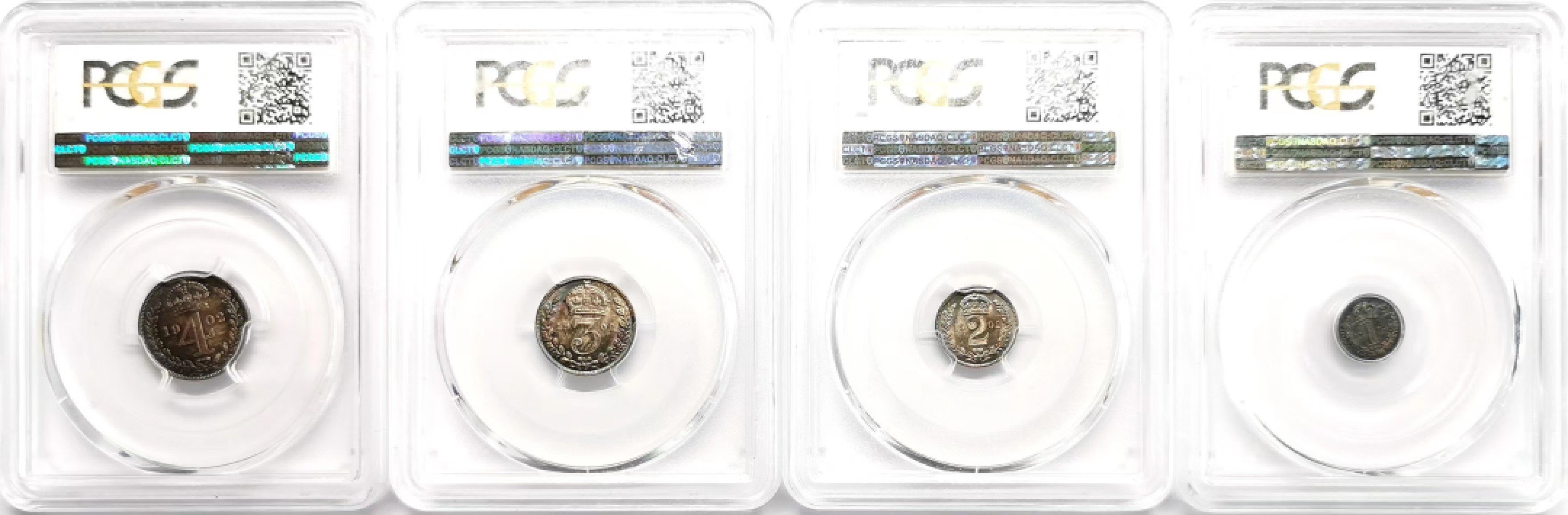 凡希社世界钱币微拍第二百三十六期 1902英国爱七濯足币四枚套PCGS-PL65/67/66/65所附原盒品相完美！