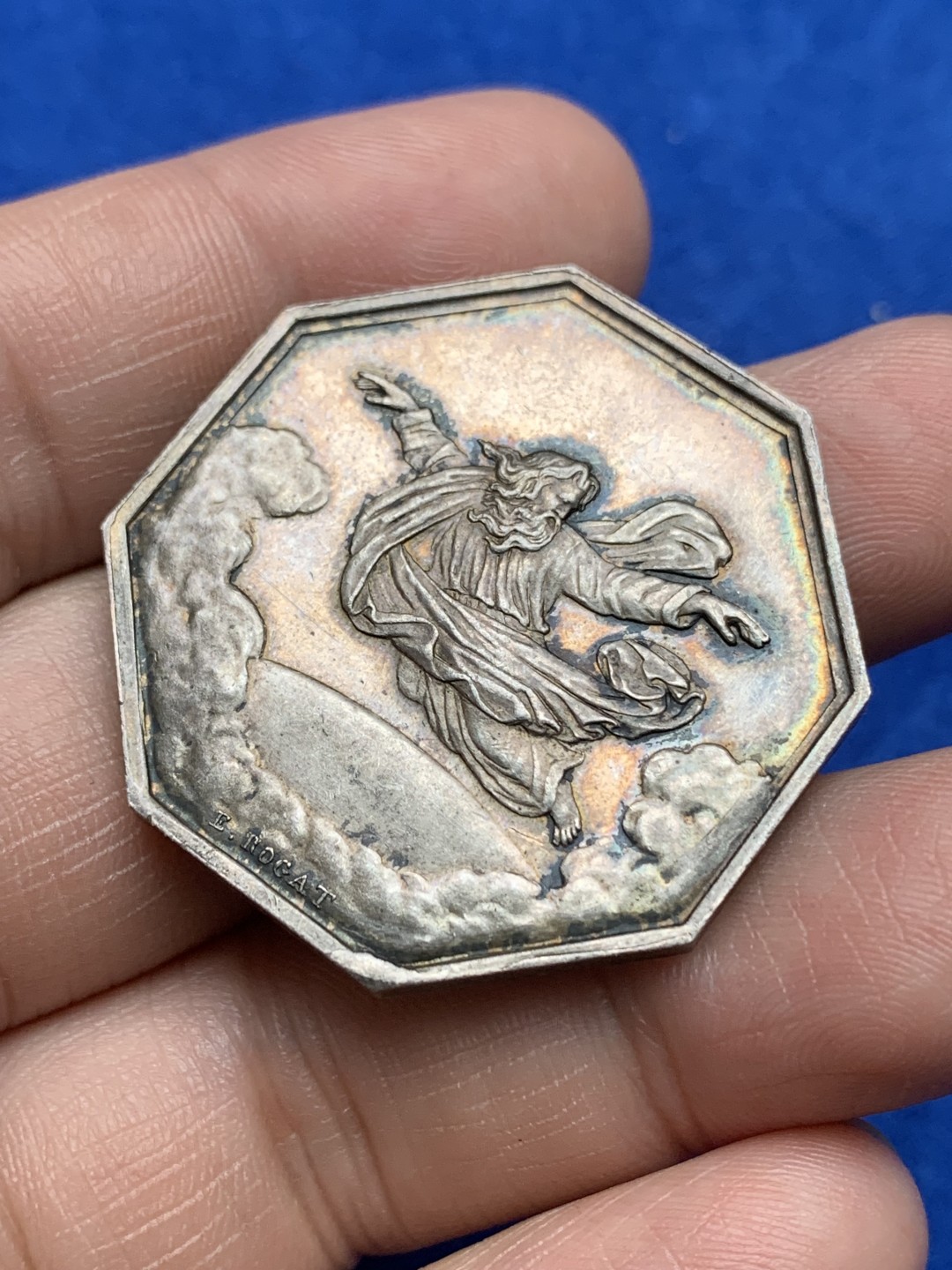 《竞宝斋》第157场-法国八角与章 专场！周日，周一，周四 3场 (全场包邮) 法国八角银质代币，天父保险，云端之上飞天的宙斯，20.87g，36.3mm，丰饶角边铭，