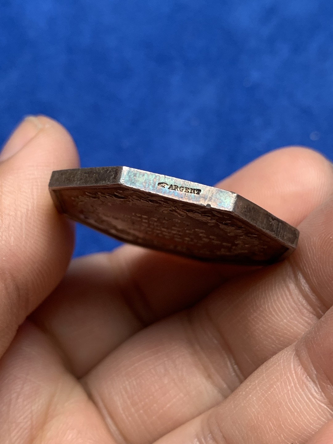 《竞宝斋》第157场-法国八角与章 专场！周日，周一，周四 3场 (全场包邮) 法国八角银质代币，城市人寿保险，少见皇冠版，18.98g，34.5mm，手指边铭，金紫包浆