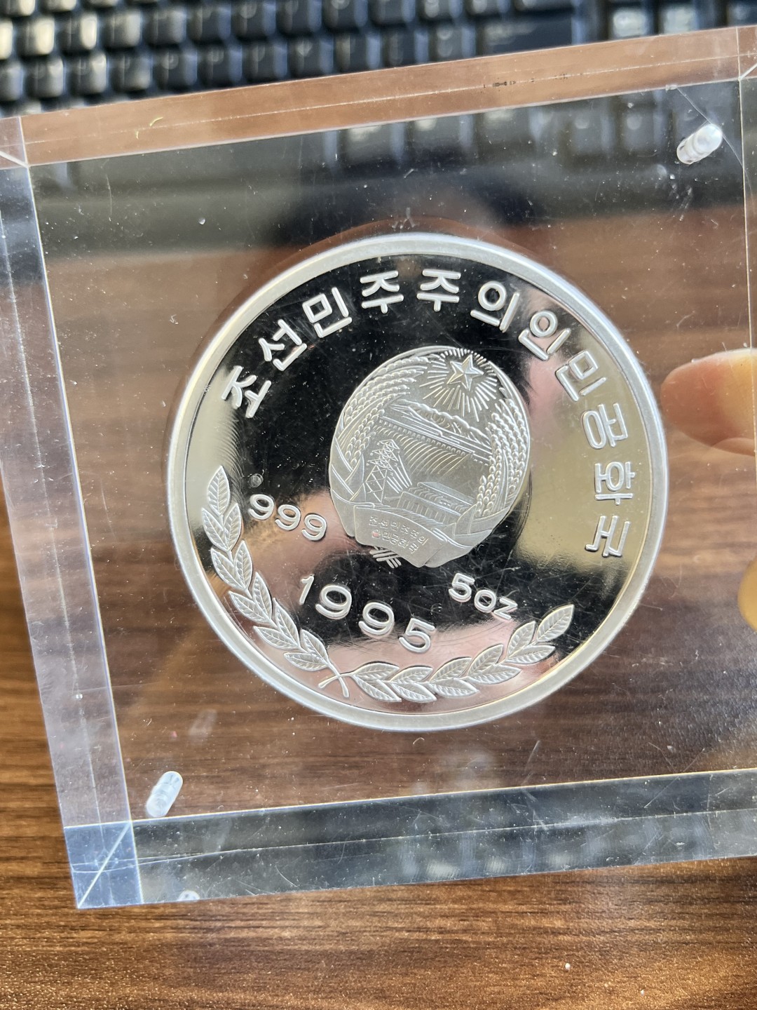 【海寧潮】朝鲜1995年动物大熊猫5盎司彩色精制纪念银币，999银，直径60毫米，发行2500枚